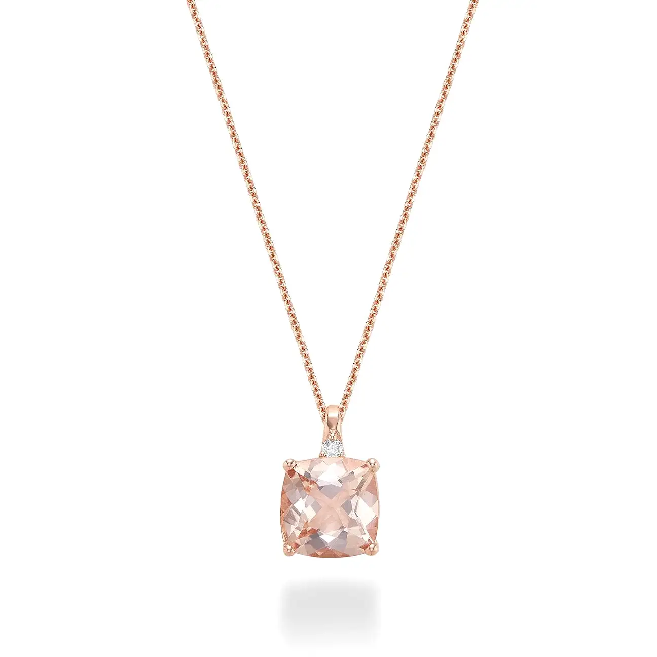 10k Gold Cushion Cut Created Morganite Stone and Diamond Necklace