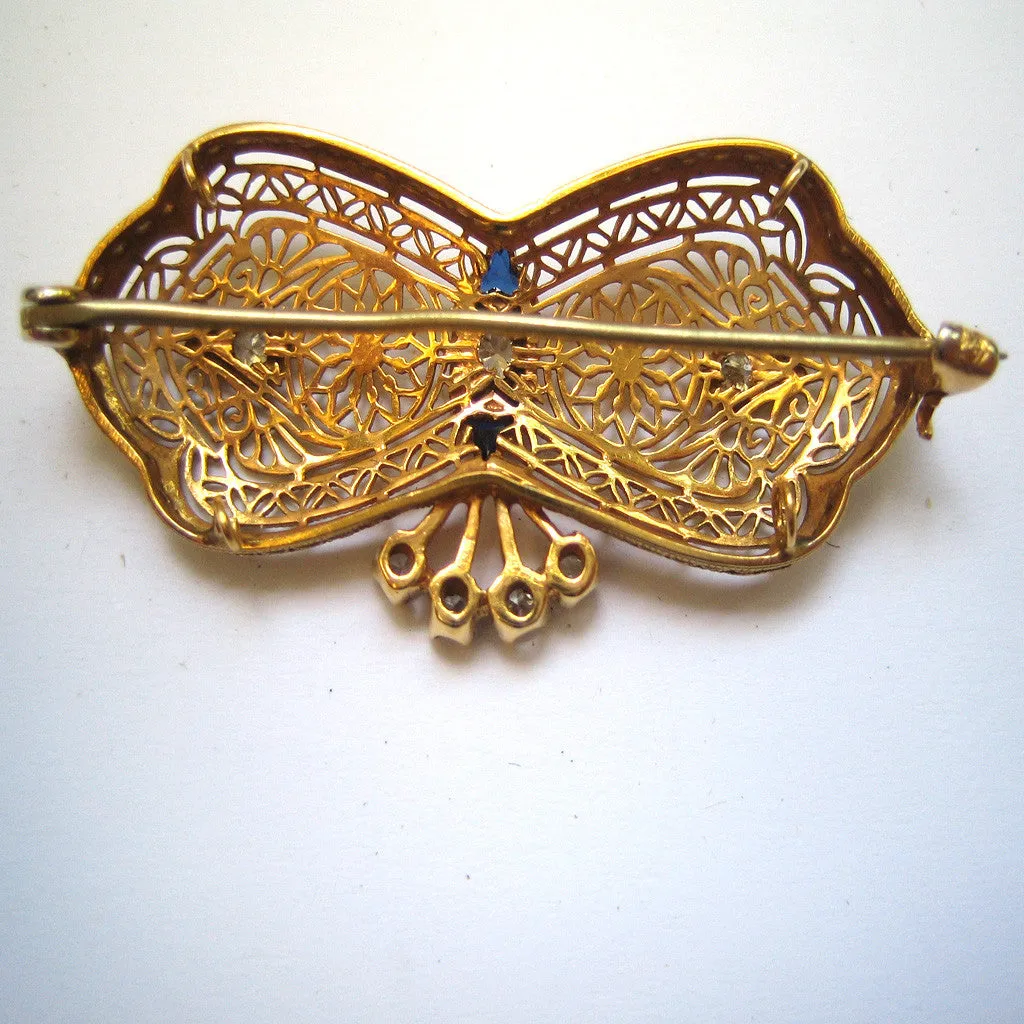 14K Filigree Yellow Gold, Diamond and Sapphire Brooch/Pin