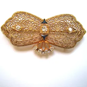 14K Filigree Yellow Gold, Diamond and Sapphire Brooch/Pin