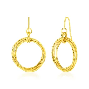 14k Yellow Gold Earrings with Polished and Textured Interlocking Circle Dangles-rx20963