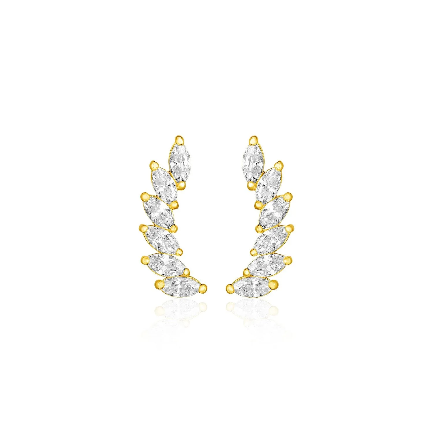 14k Yellow Gold Leaf Motif Climber Post Earrings with Marquise Cubic Zirconias-rx85830