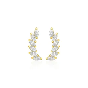 14k Yellow Gold Leaf Motif Climber Post Earrings with Marquise Cubic Zirconias-rx85830