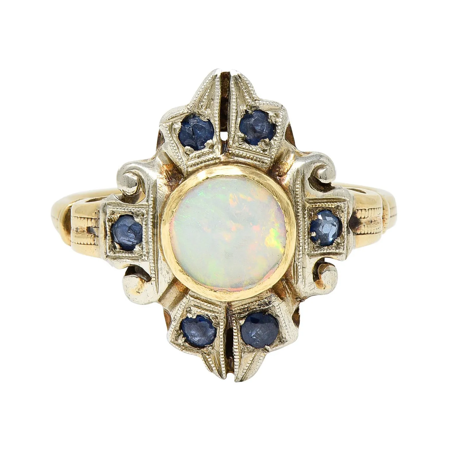 1920's Art Deco Opal Sapphire 10 Karat Two-Tone Gold Cluster Ring