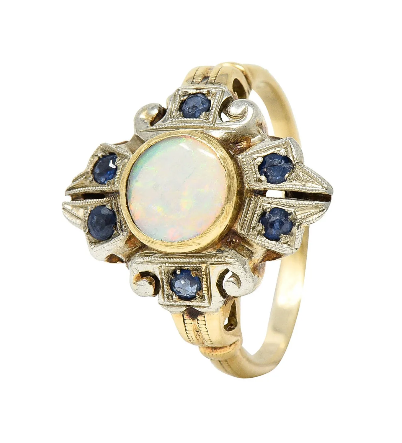 1920's Art Deco Opal Sapphire 10 Karat Two-Tone Gold Cluster Ring