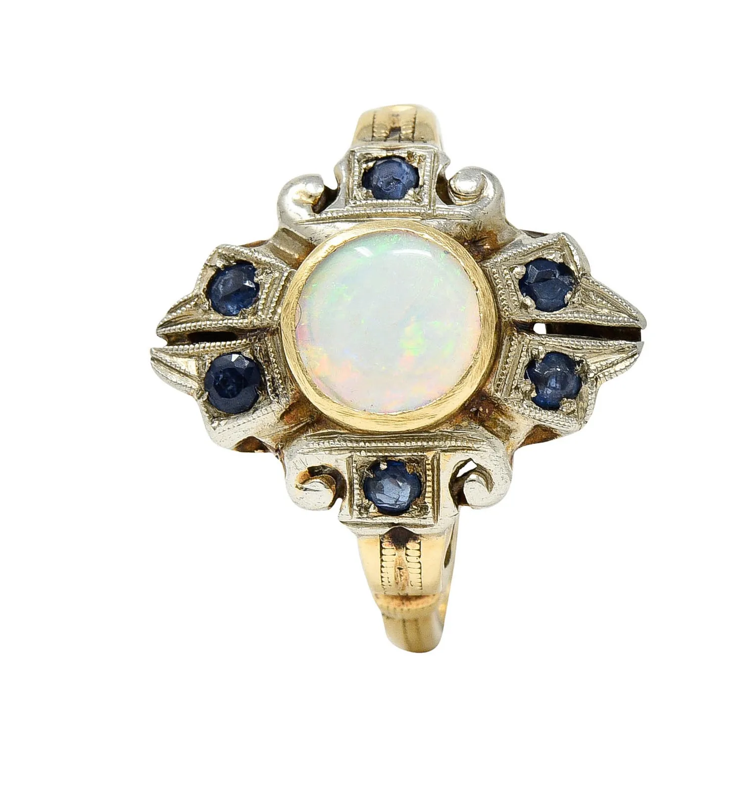 1920's Art Deco Opal Sapphire 10 Karat Two-Tone Gold Cluster Ring