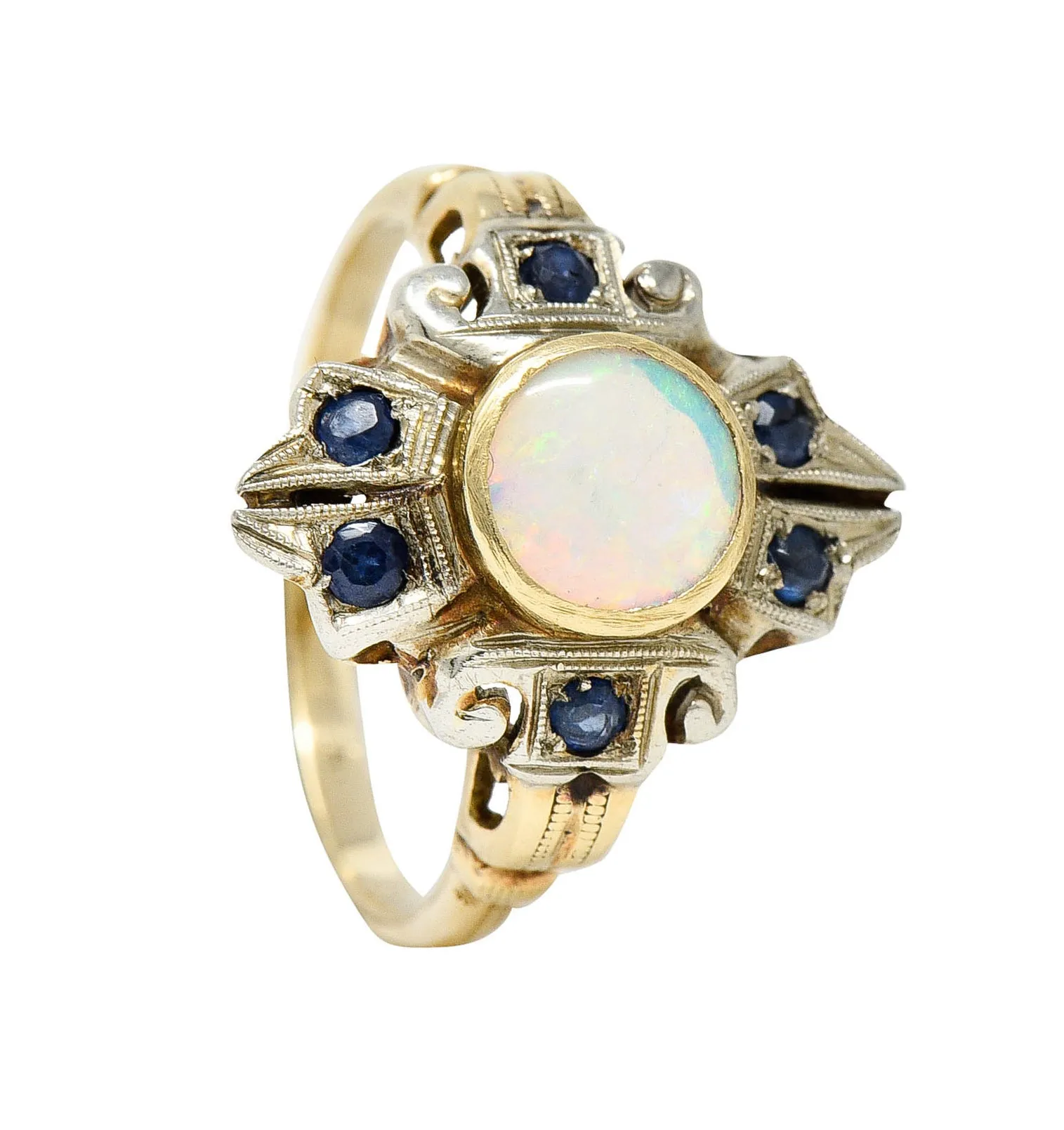 1920's Art Deco Opal Sapphire 10 Karat Two-Tone Gold Cluster Ring