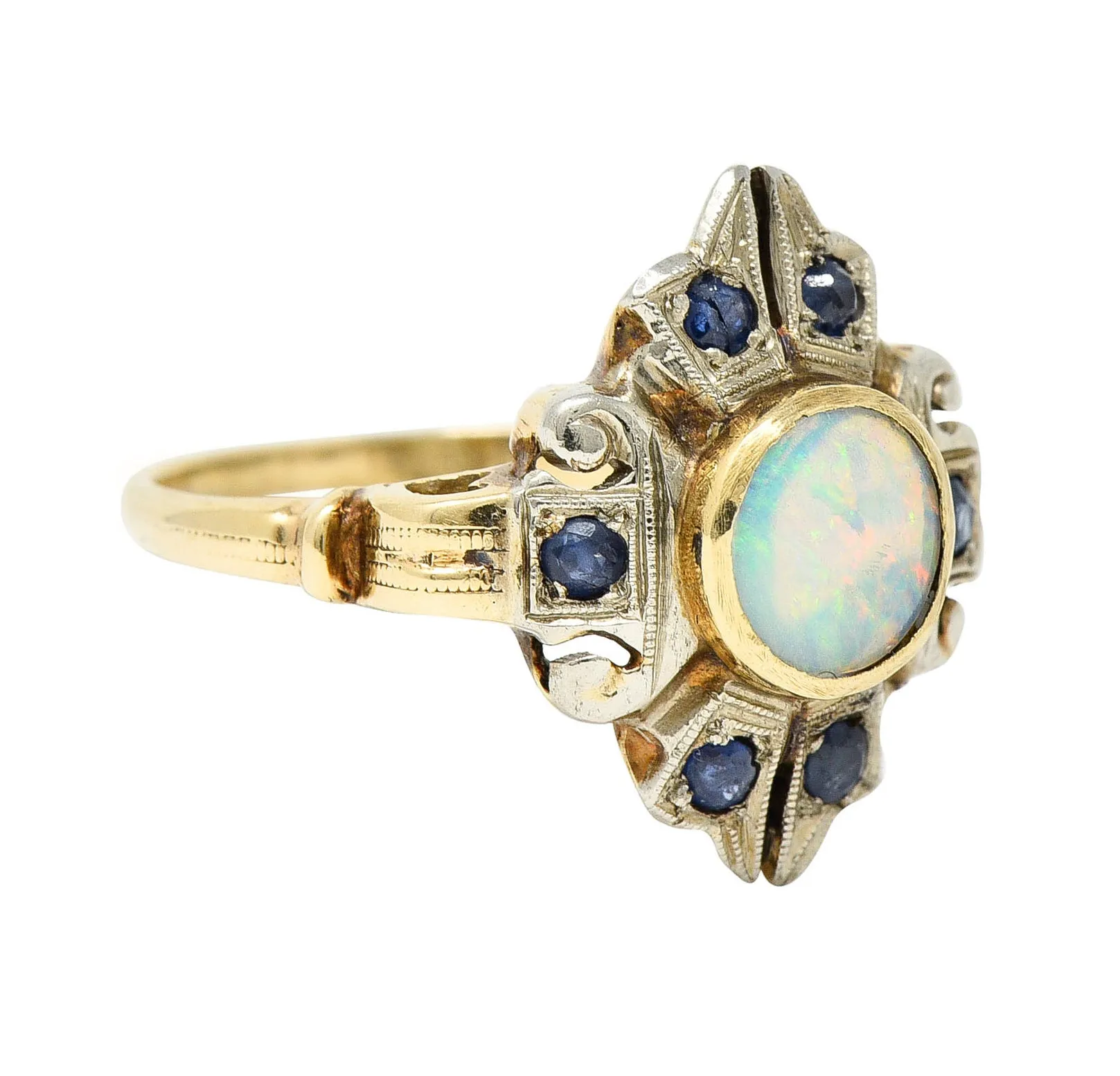 1920's Art Deco Opal Sapphire 10 Karat Two-Tone Gold Cluster Ring