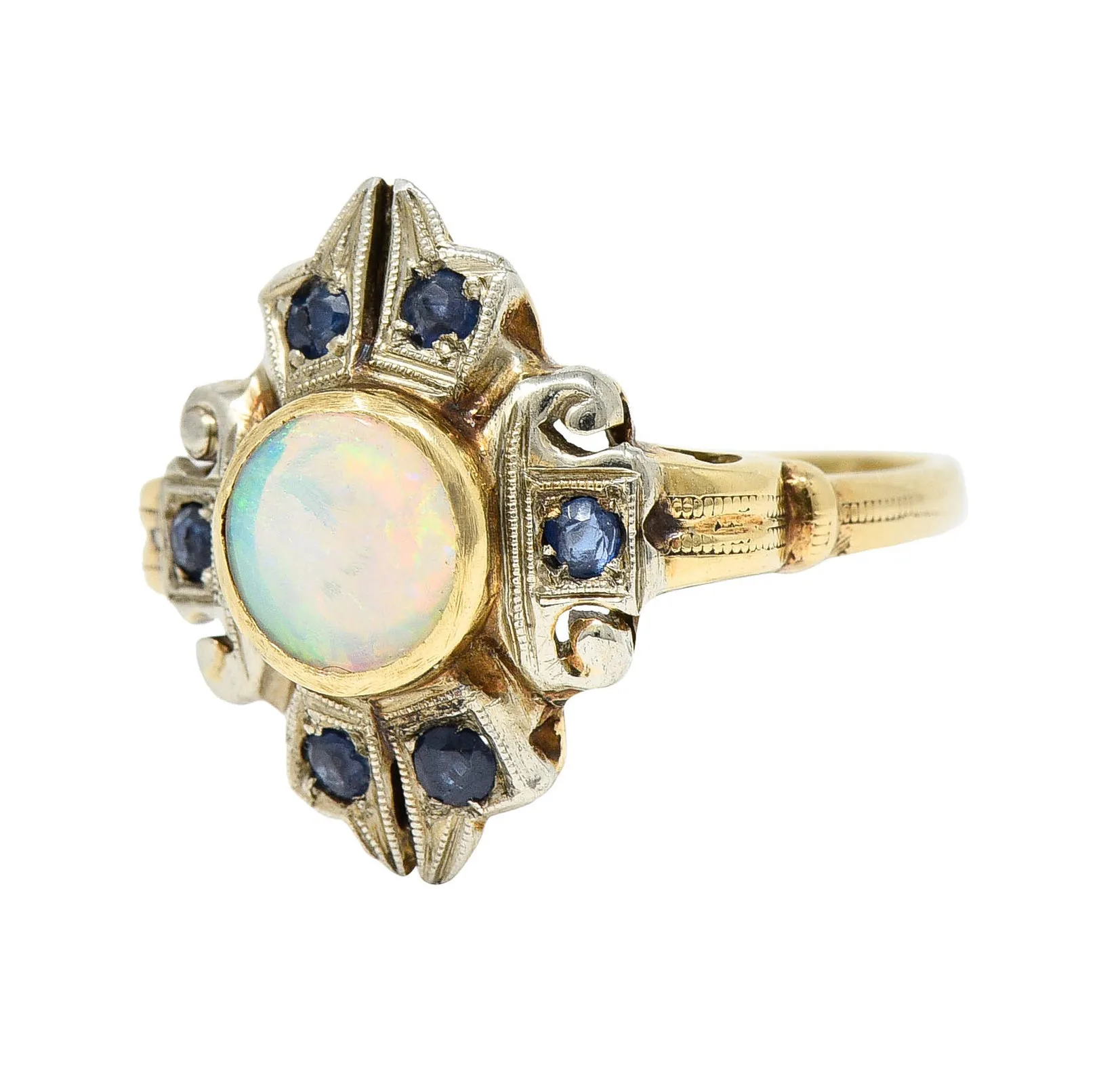 1920's Art Deco Opal Sapphire 10 Karat Two-Tone Gold Cluster Ring