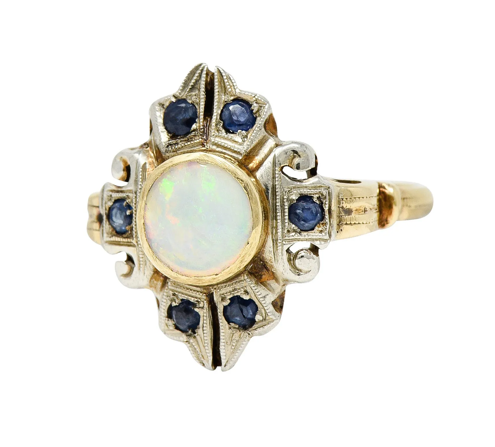 1920's Art Deco Opal Sapphire 10 Karat Two-Tone Gold Cluster Ring