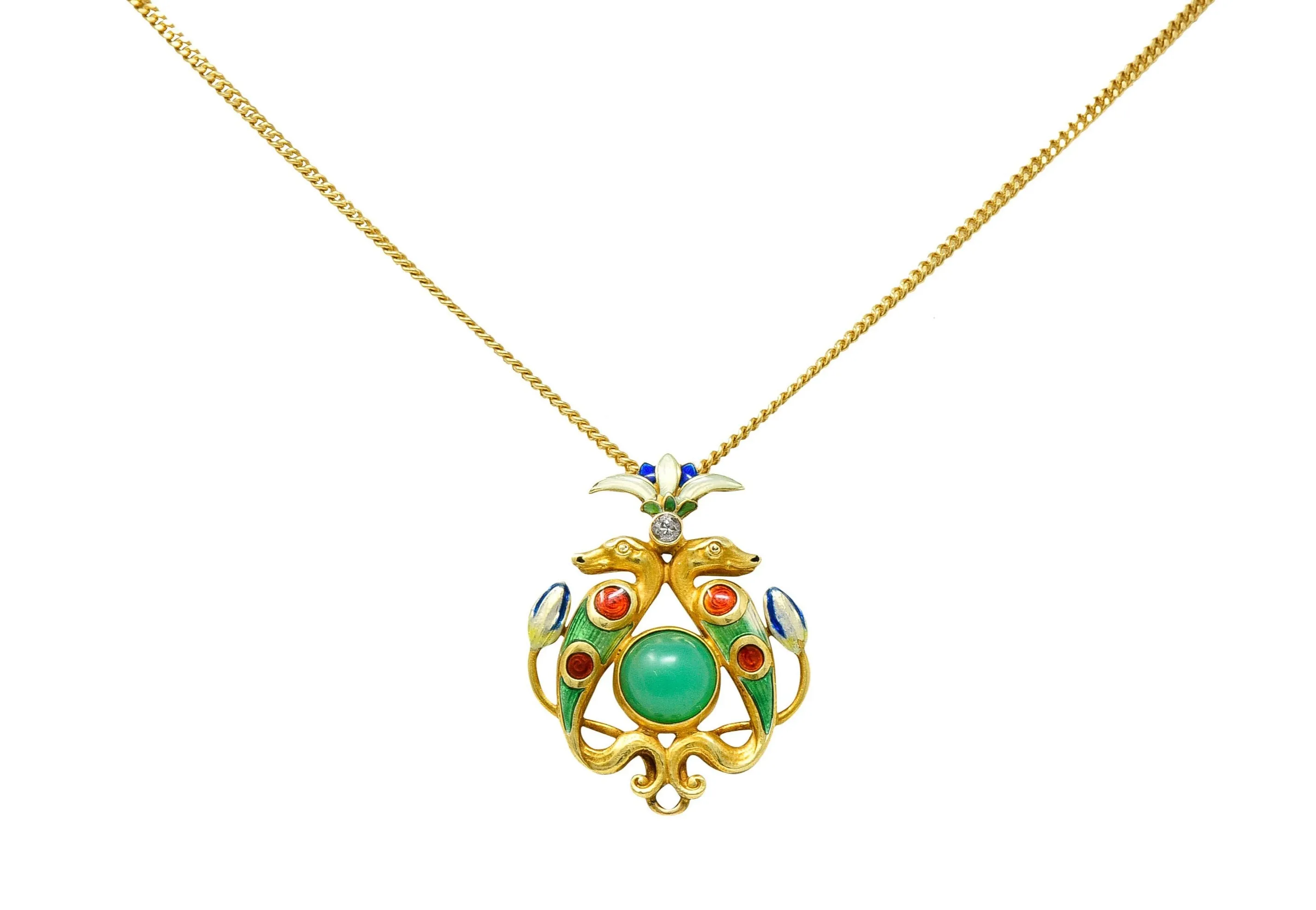 1920's Egyptian Revival Diamond Enamel 14 Karat Gold Serpent Pendant Necklace