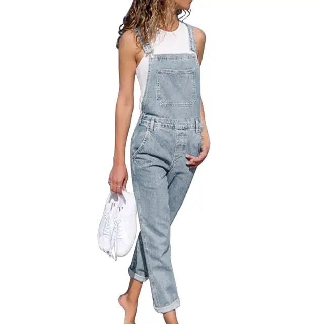 2021 New Fashion Lady Blue Denim Overalls Jumpsuit Rompers Belted Hole Hollow Out Pocket Women Casual Female Pants Hot