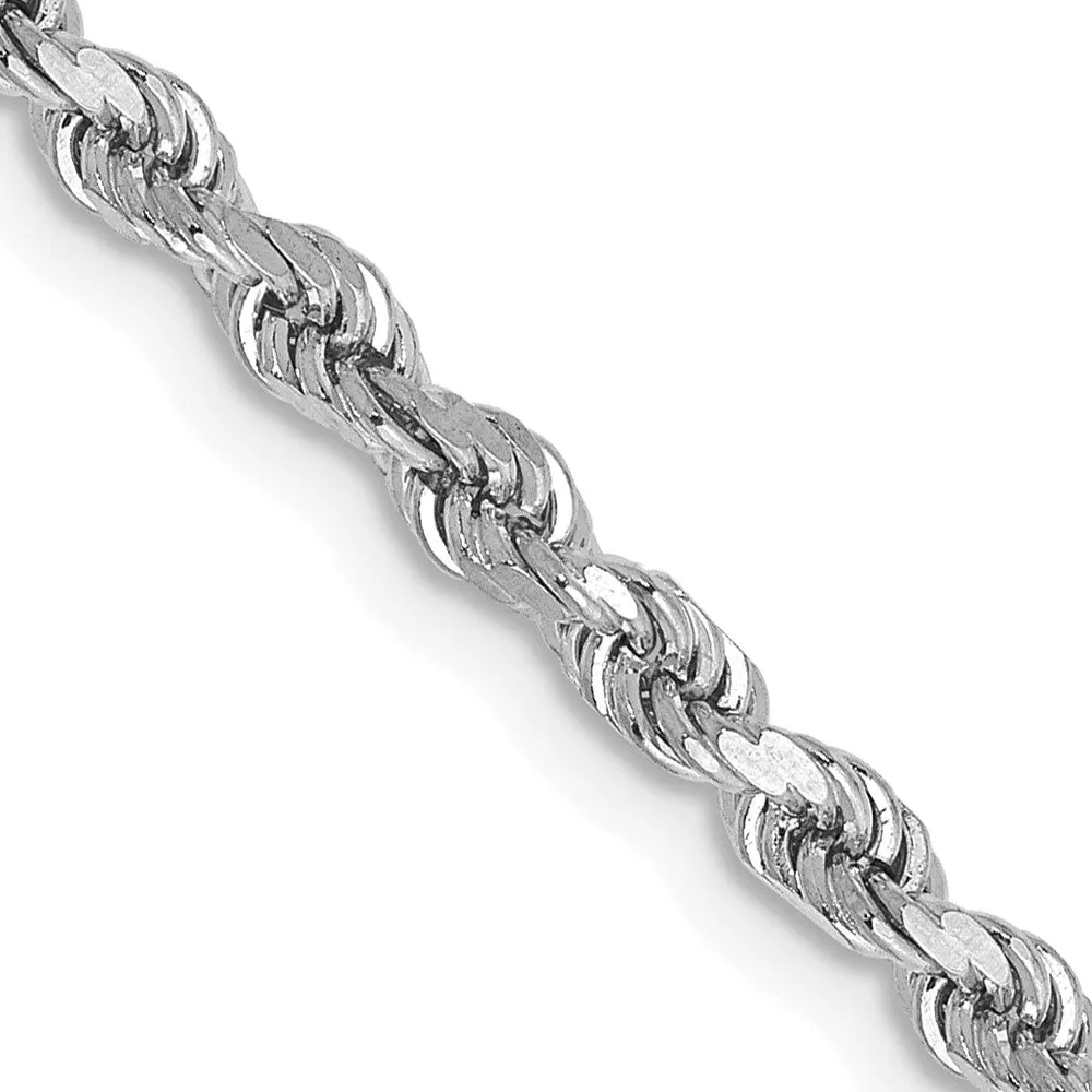 2.75mm 10k White Gold Solid Diamond Cut Rope Chain Necklace