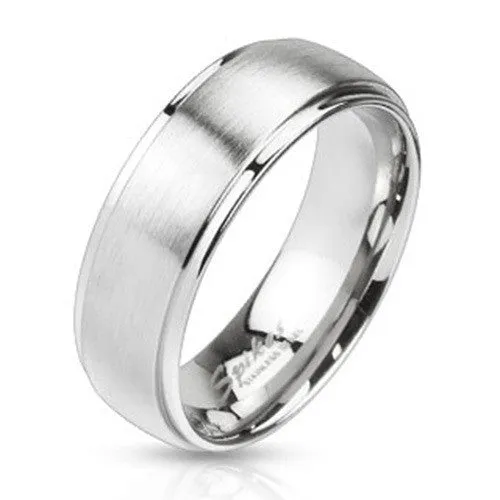 8mm Mirror Polished Edges & Brushed Metal Center Dome Band Ring Stainless Steel