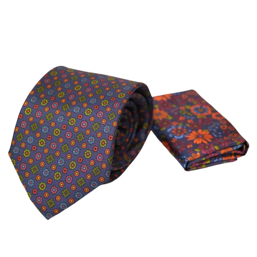 Amanda Christensen Navy Geometric Silk Tie And Floral Pocket Square | Menswear Online