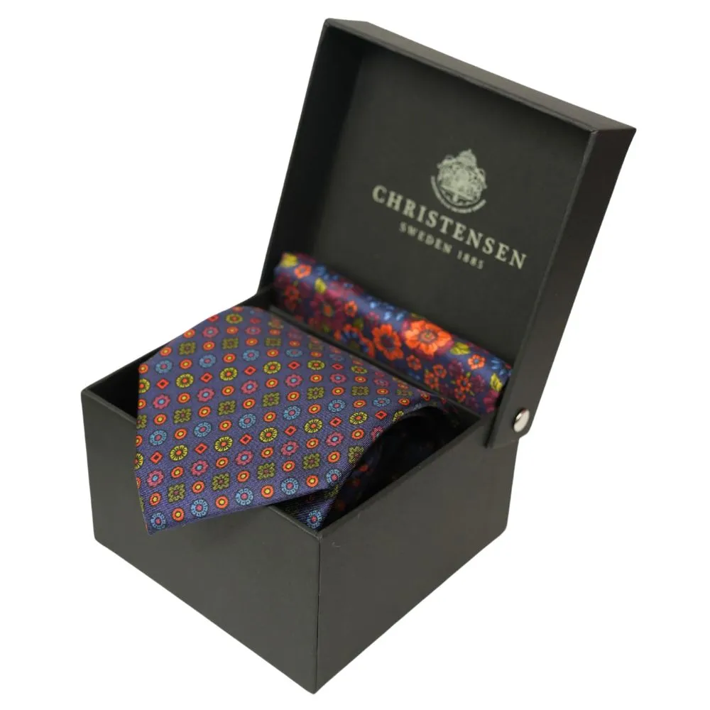 Amanda Christensen Navy Geometric Silk Tie And Floral Pocket Square | Menswear Online