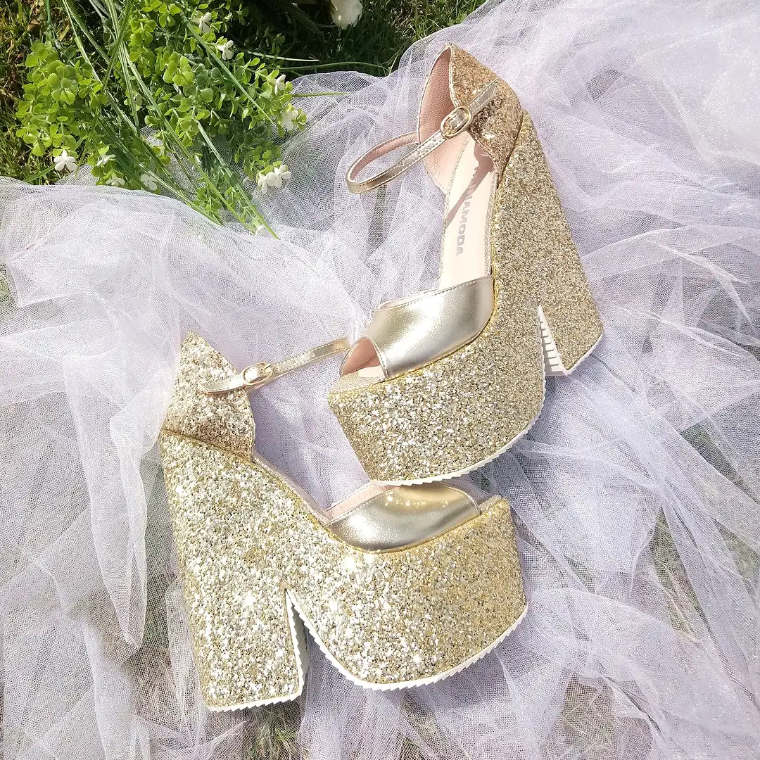 Ankle Strap Gold Shimmer Platform Wedge Sandals