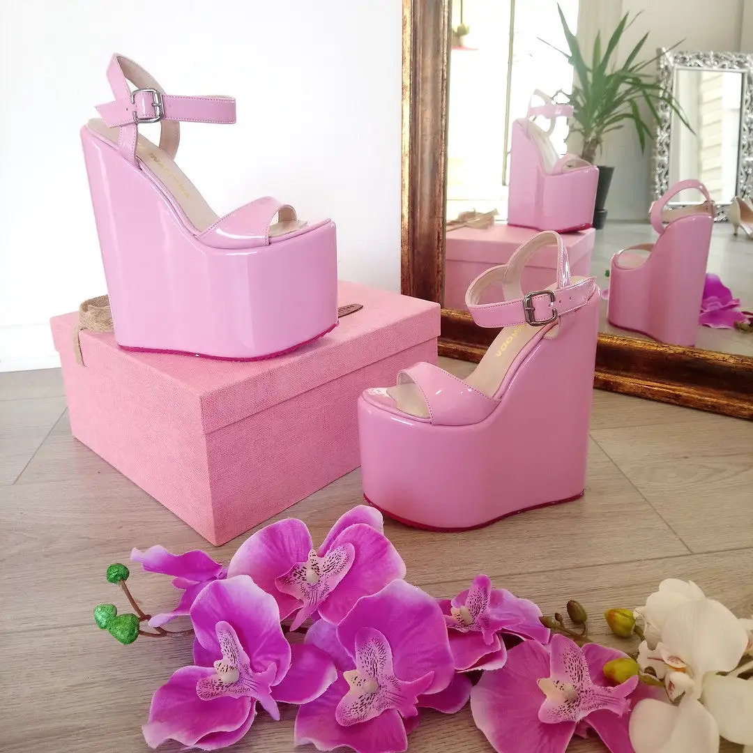 Ankle Strap Pink Platform High Heel Wedge Sandals