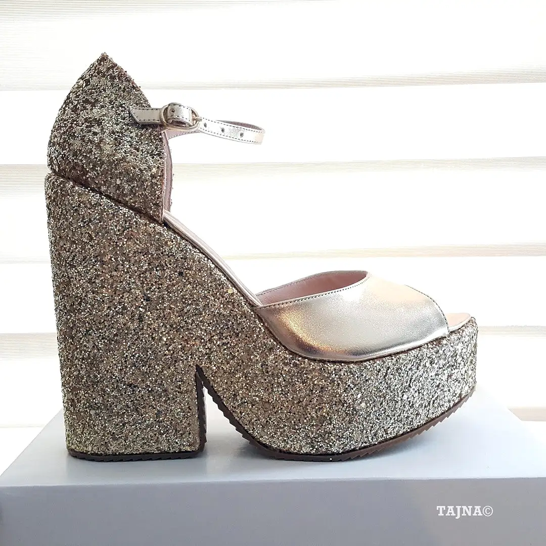 Ankle Strap Silver Shimmer Platform Wedge Sandals