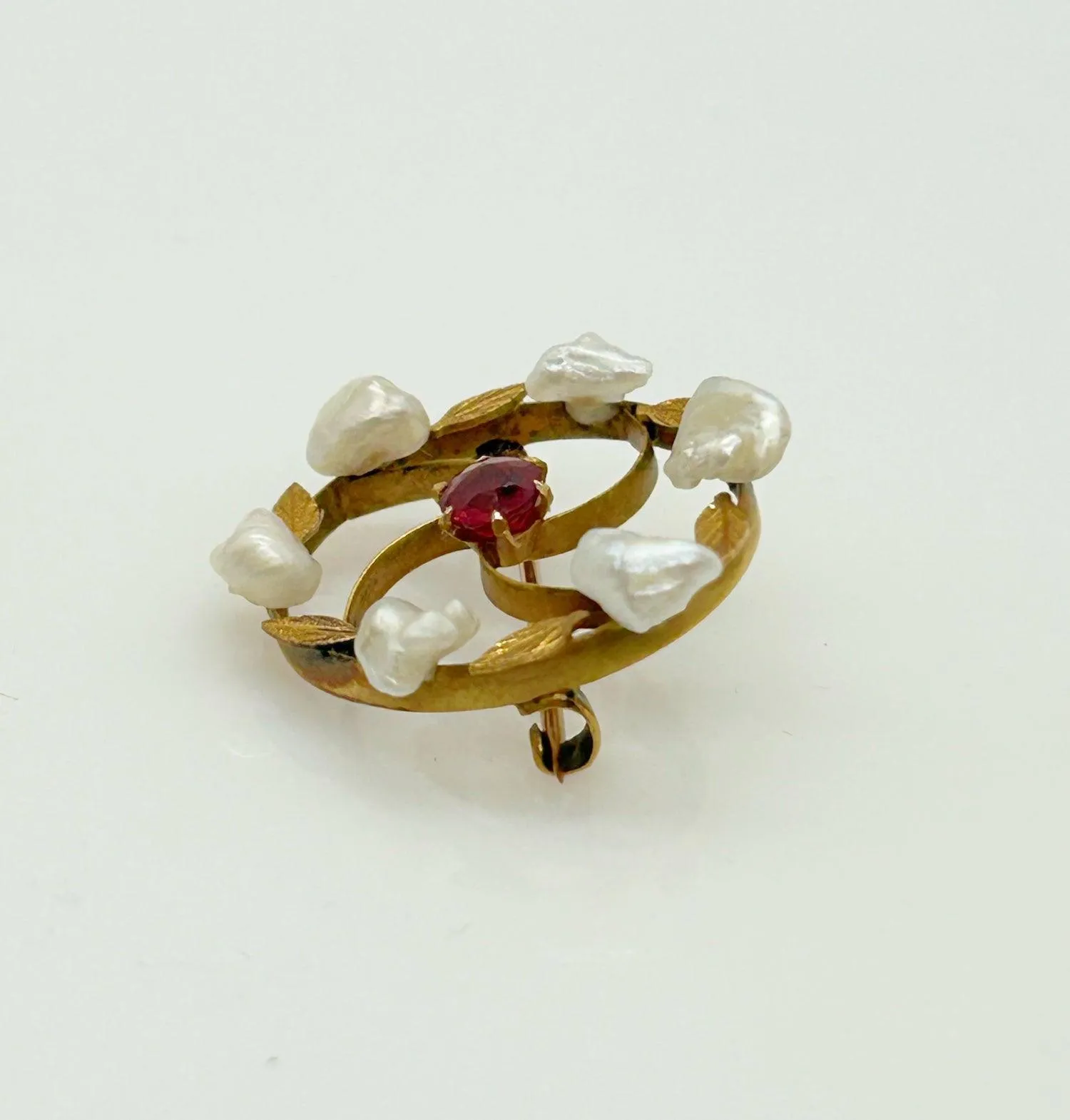 Antique Circle Brooch with Red Stone and Seed Pearls