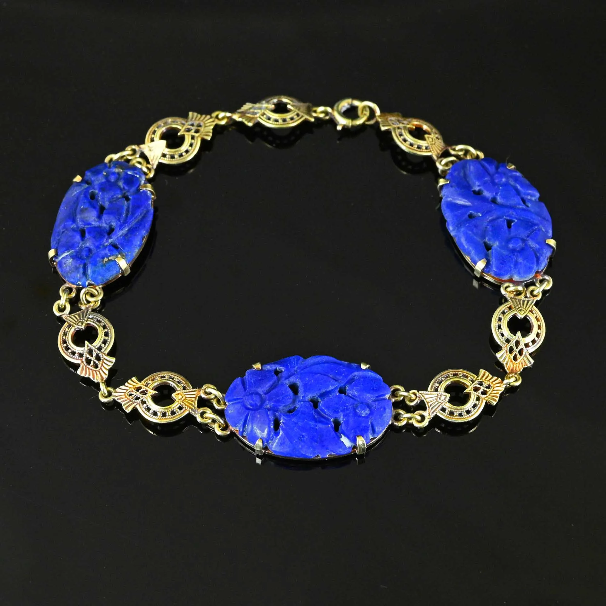 Art Deco 14K Gold Pierced Carved Lapis Lazuli Bracelet