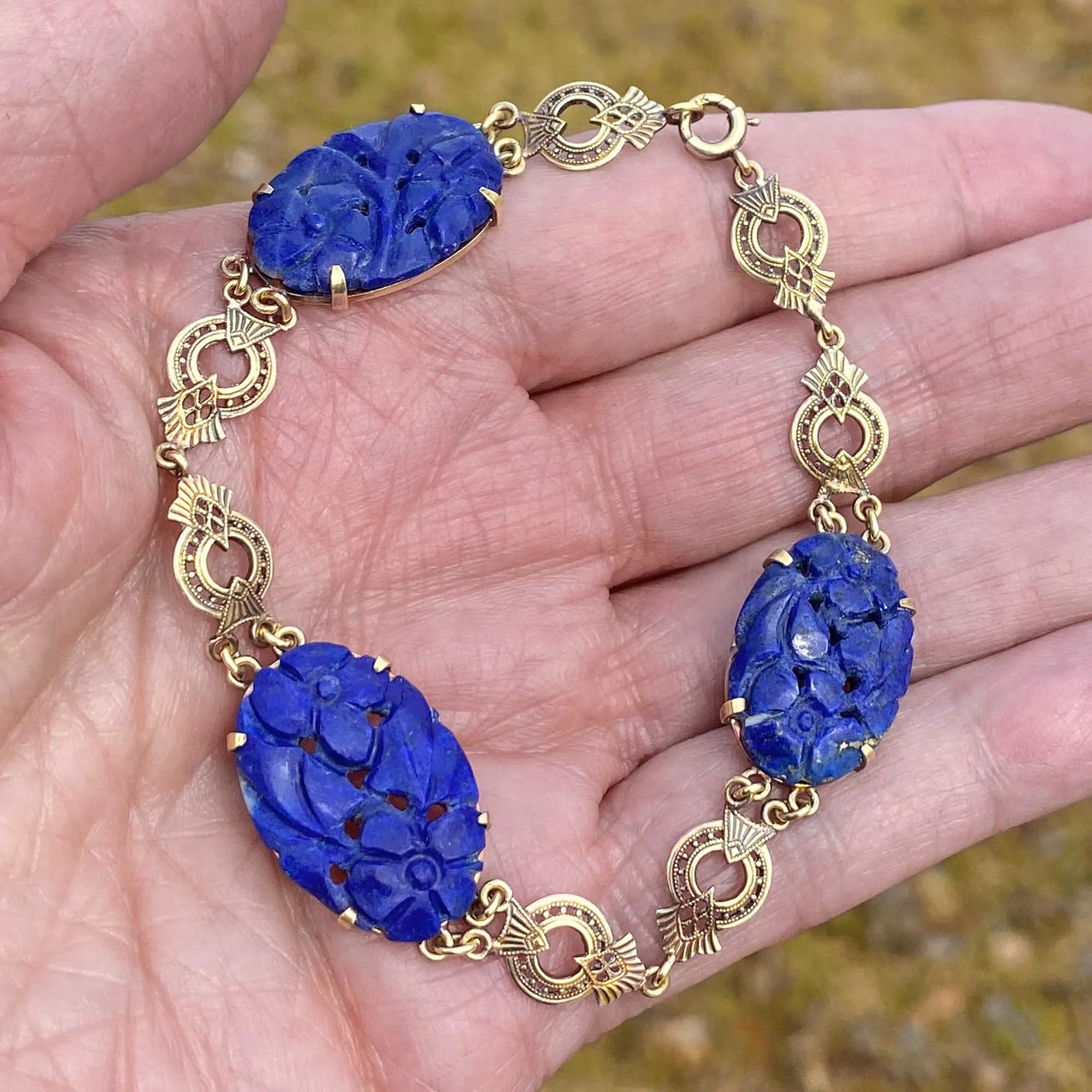 Art Deco 14K Gold Pierced Carved Lapis Lazuli Bracelet