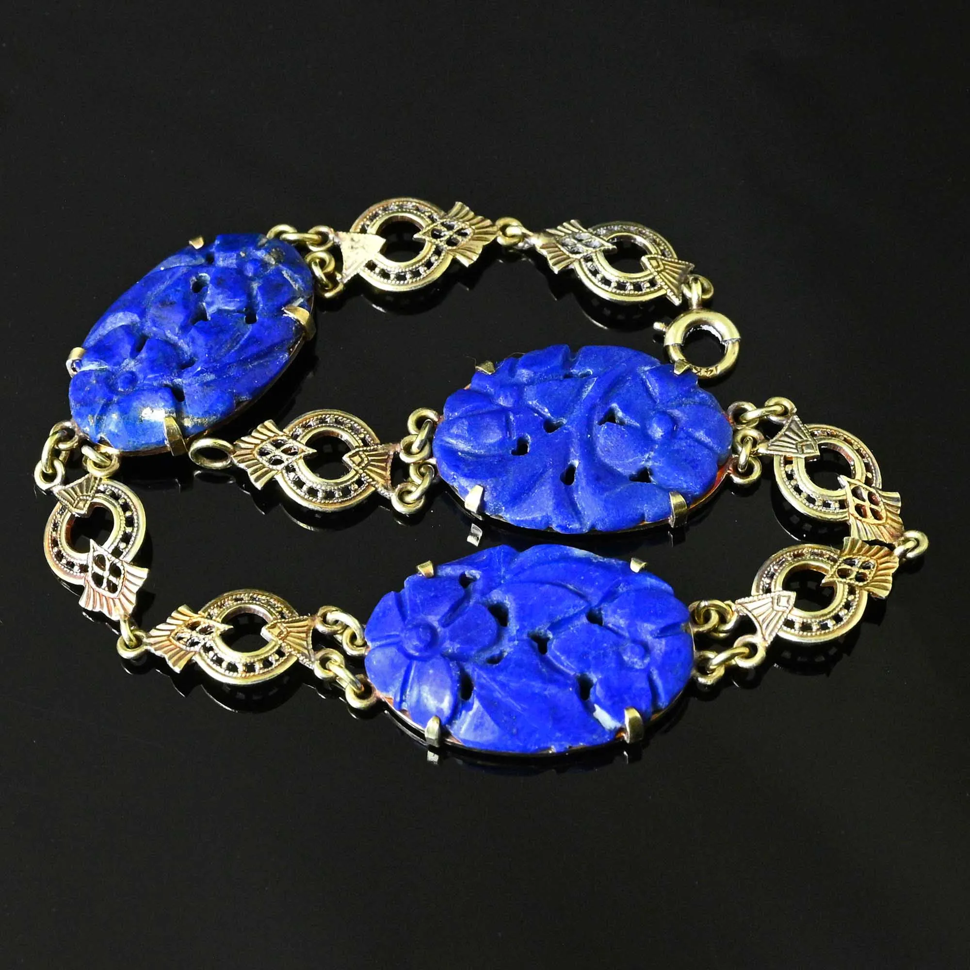 Art Deco 14K Gold Pierced Carved Lapis Lazuli Bracelet