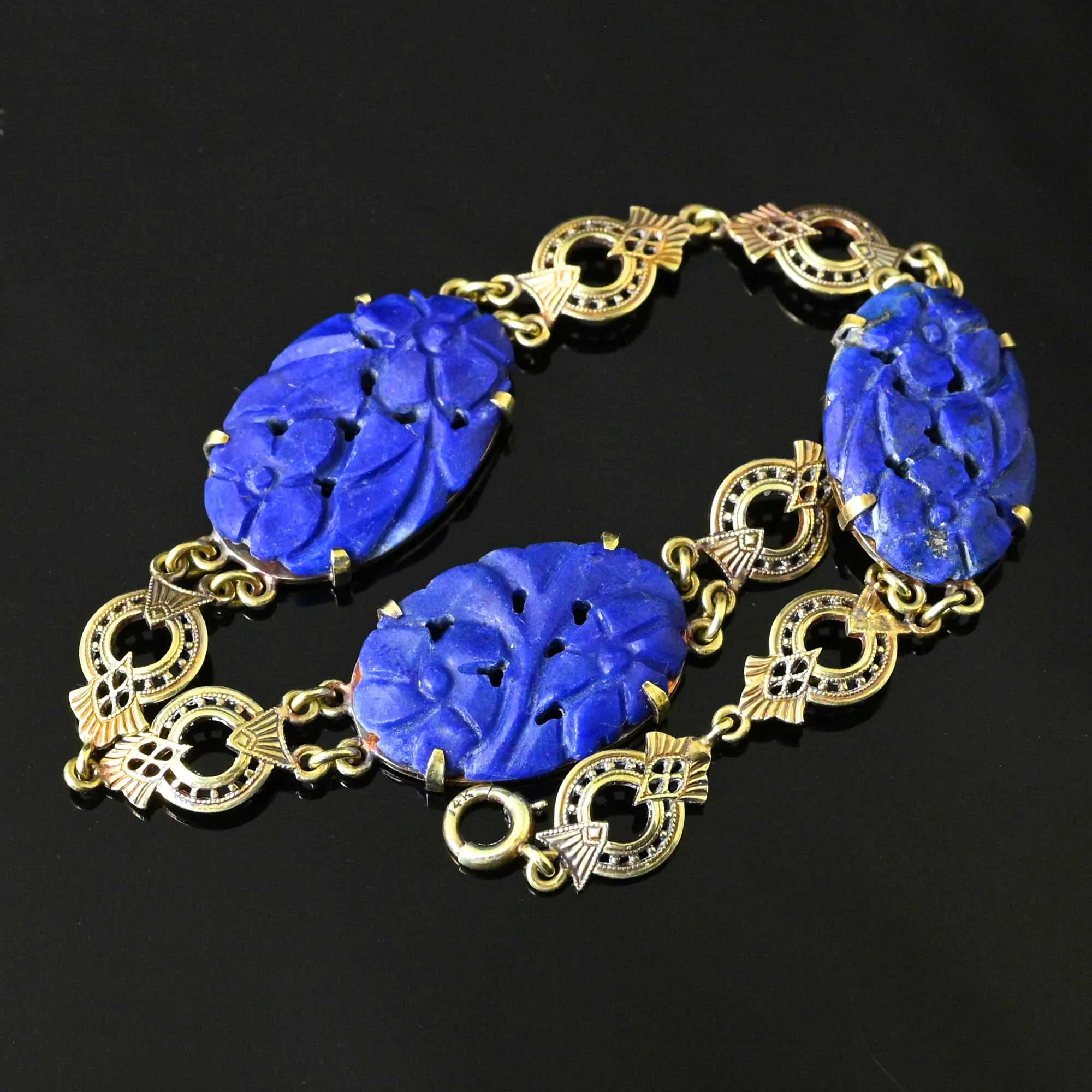 Art Deco 14K Gold Pierced Carved Lapis Lazuli Bracelet