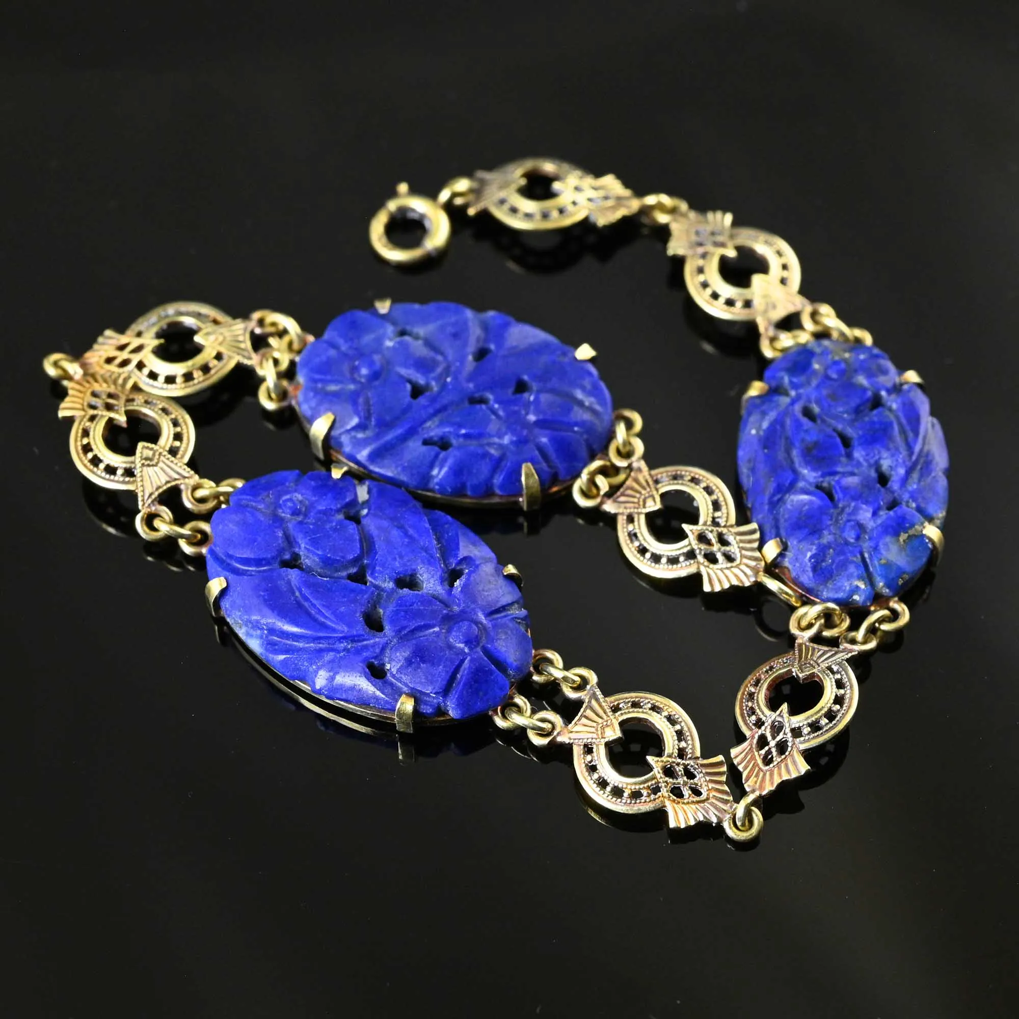 Art Deco 14K Gold Pierced Carved Lapis Lazuli Bracelet