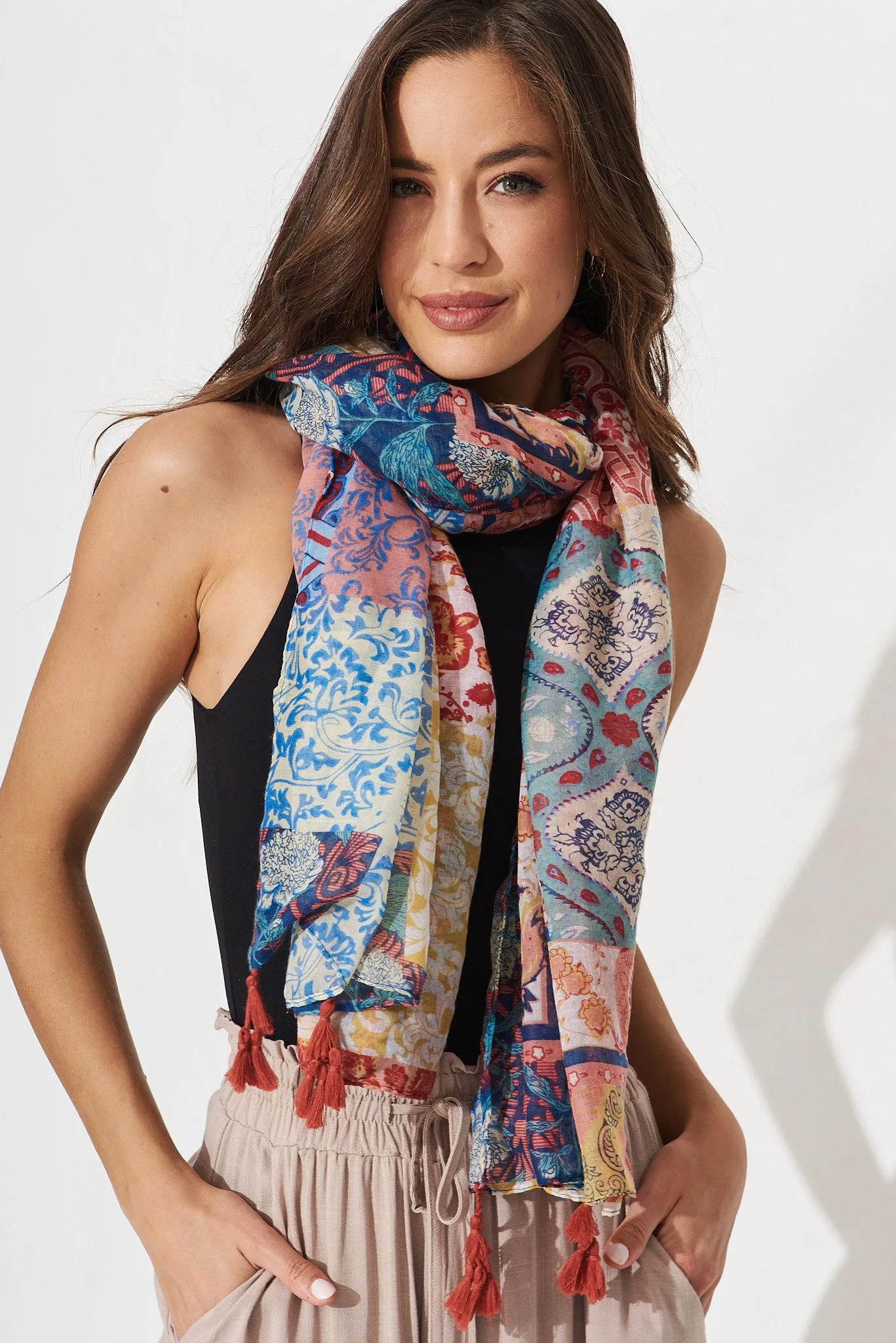 August + Delilah Wild Side Scarf In Multi Red Patchwork