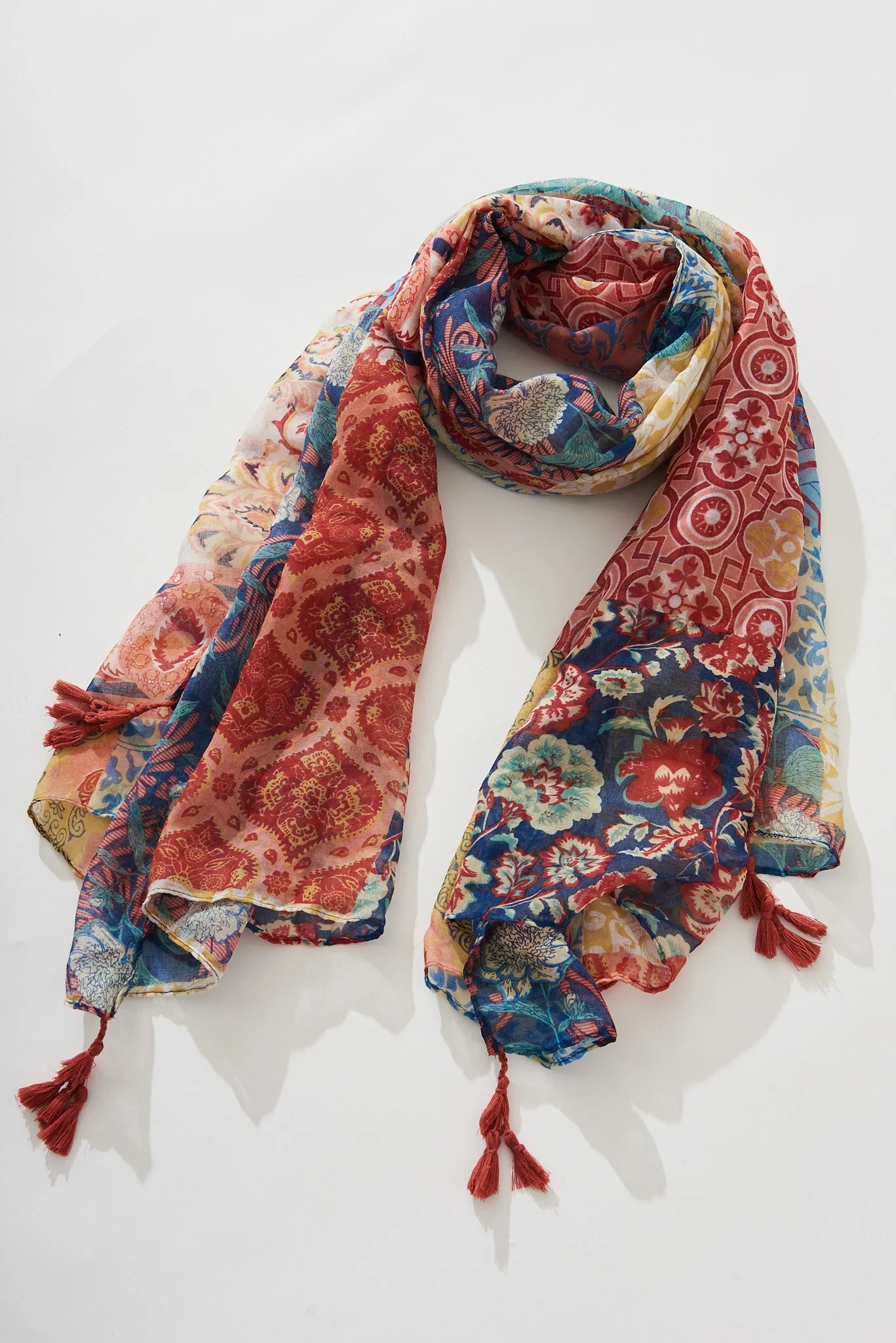 August + Delilah Wild Side Scarf In Multi Red Patchwork