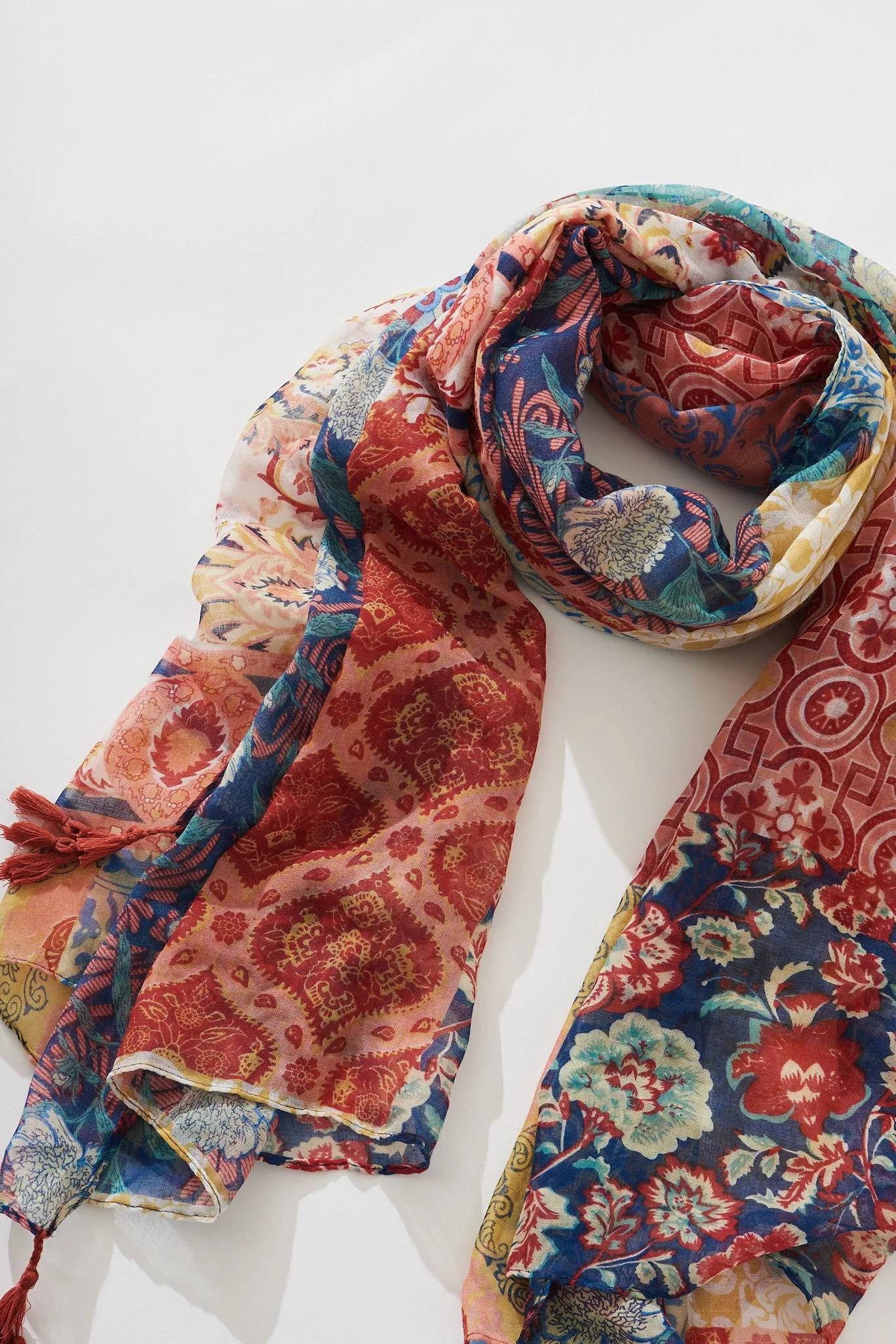 August + Delilah Wild Side Scarf In Multi Red Patchwork