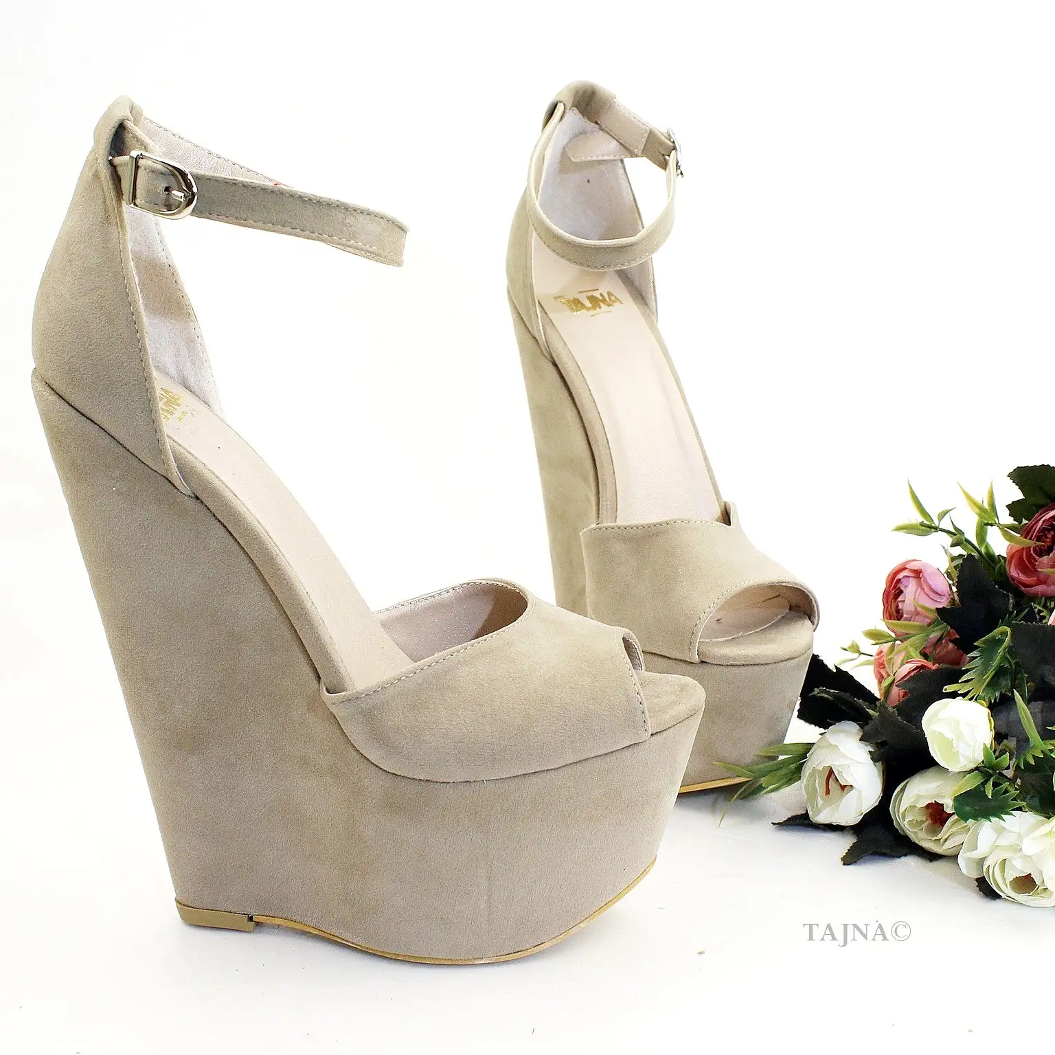 Beige Faux Suede Ankle Strap Wedge Sandals