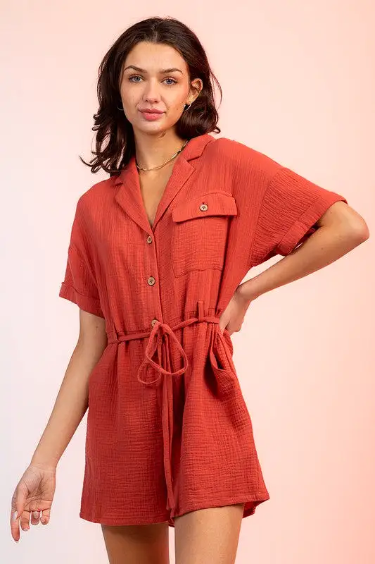 Belted Button Down Romper - Rust