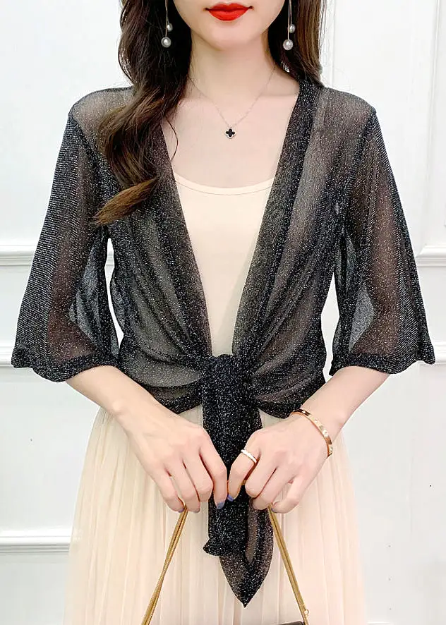 Black Lace Up Thin Tulle Cardigans V Neck Flare Sleeve AS1057