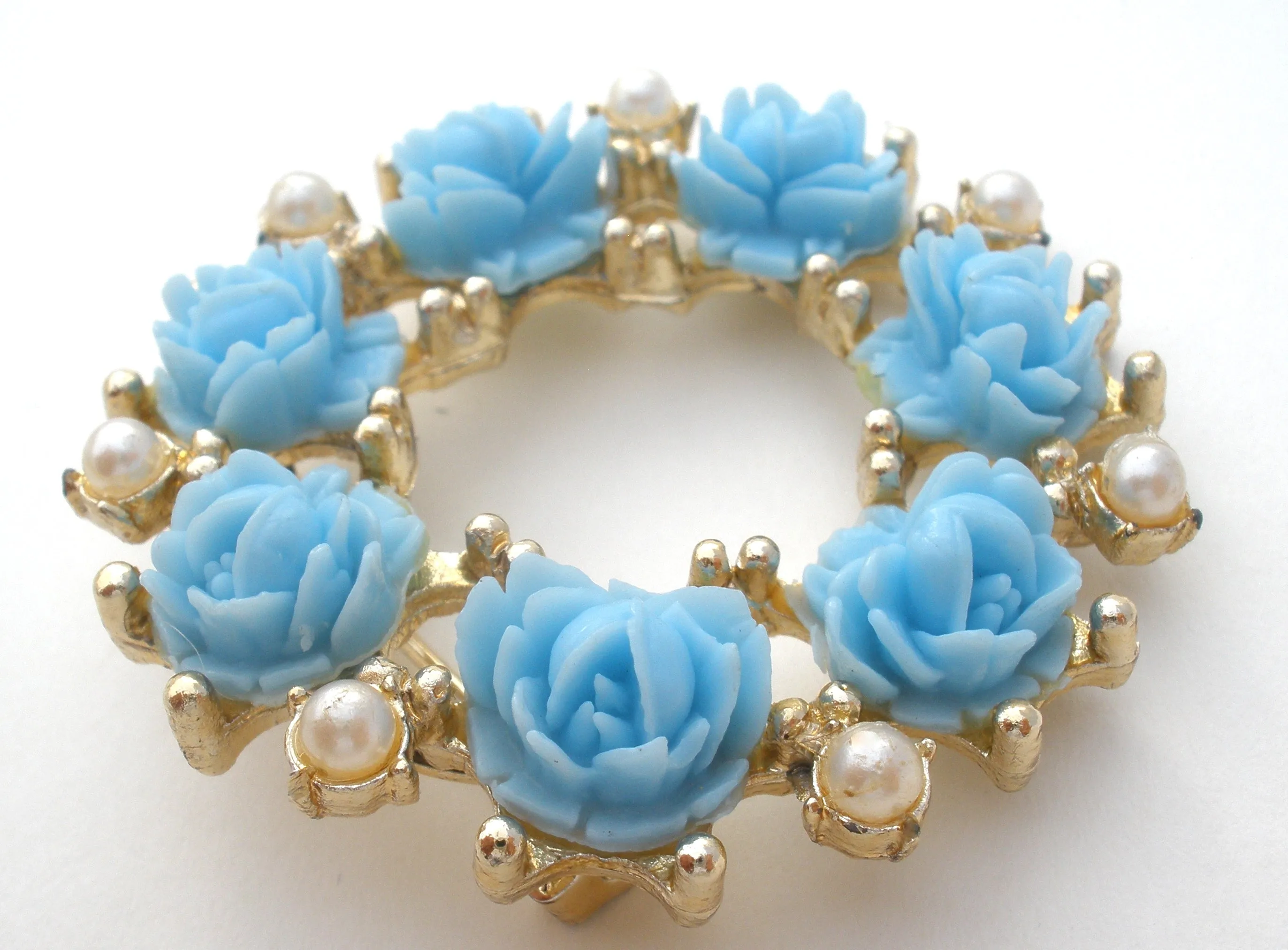 Blue Rose & Pearl Wreath Brooch Pin Vintage