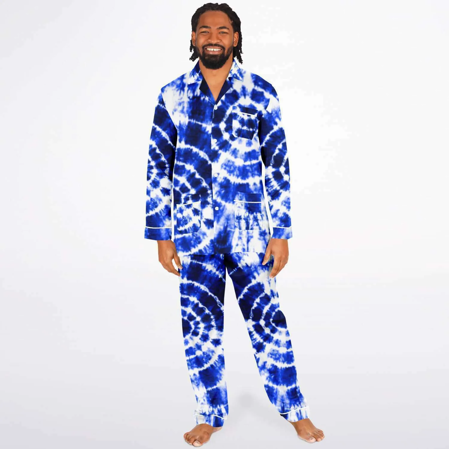 Blue Shibori Tie Dye Men's Satin Pajamas