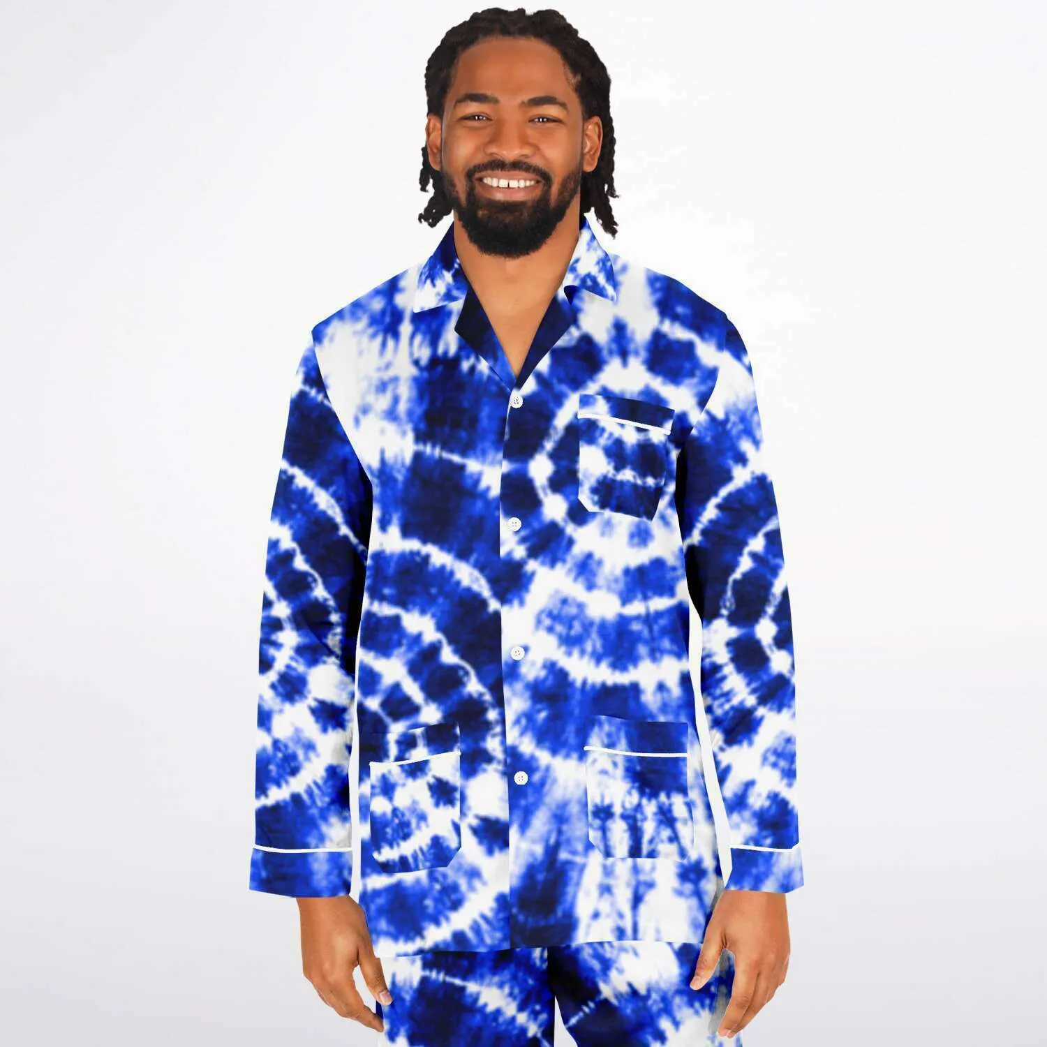 Blue Shibori Tie Dye Men's Satin Pajamas