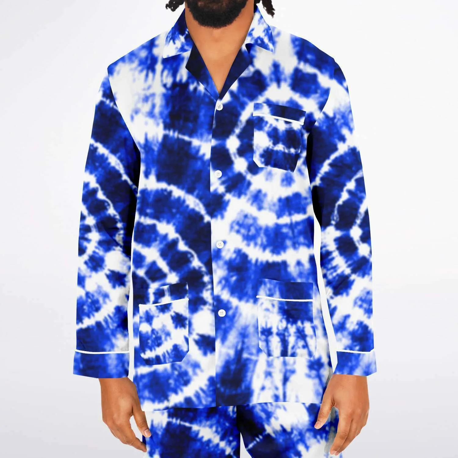 Blue Shibori Tie Dye Men's Satin Pajamas