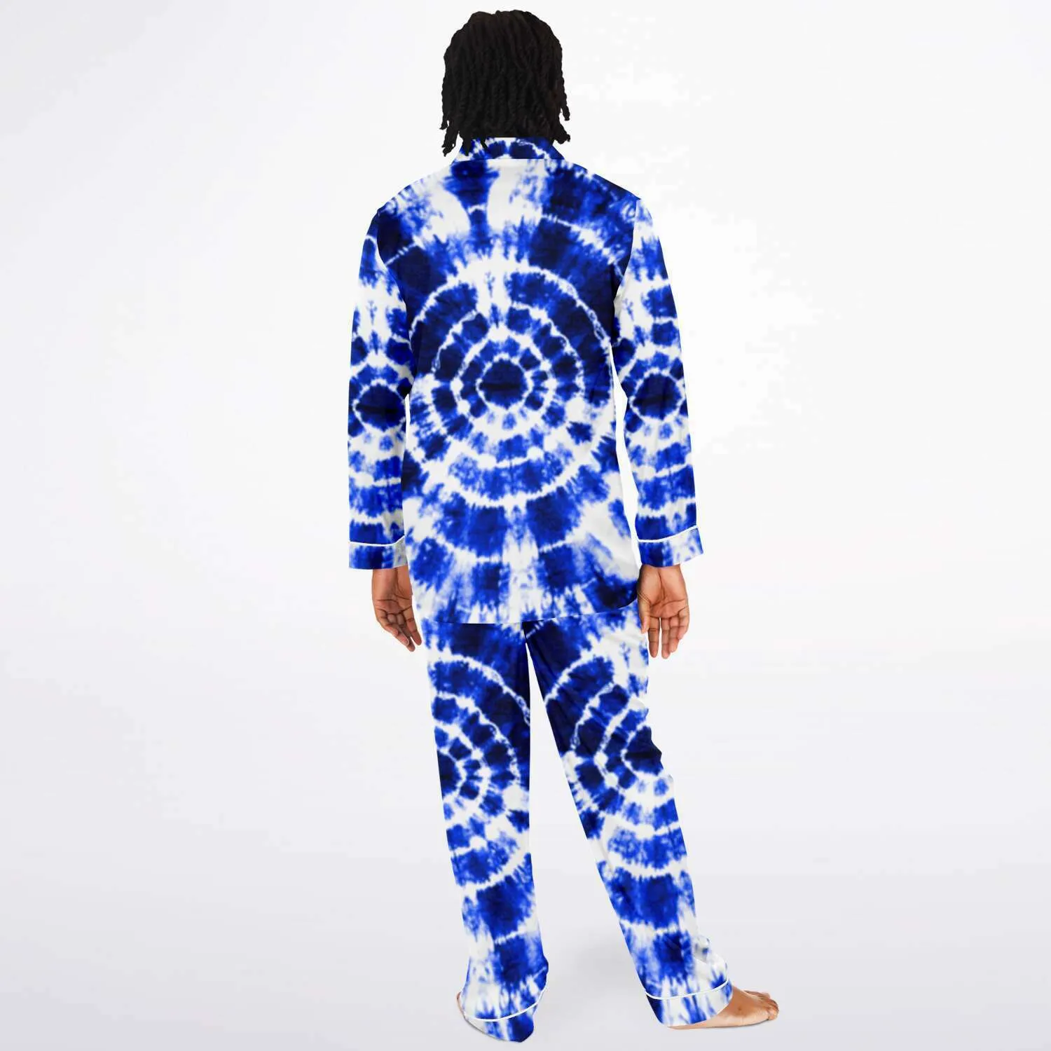 Blue Shibori Tie Dye Men's Satin Pajamas