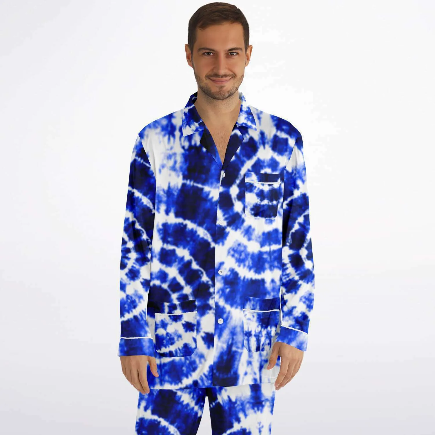 Blue Shibori Tie Dye Men's Satin Pajamas