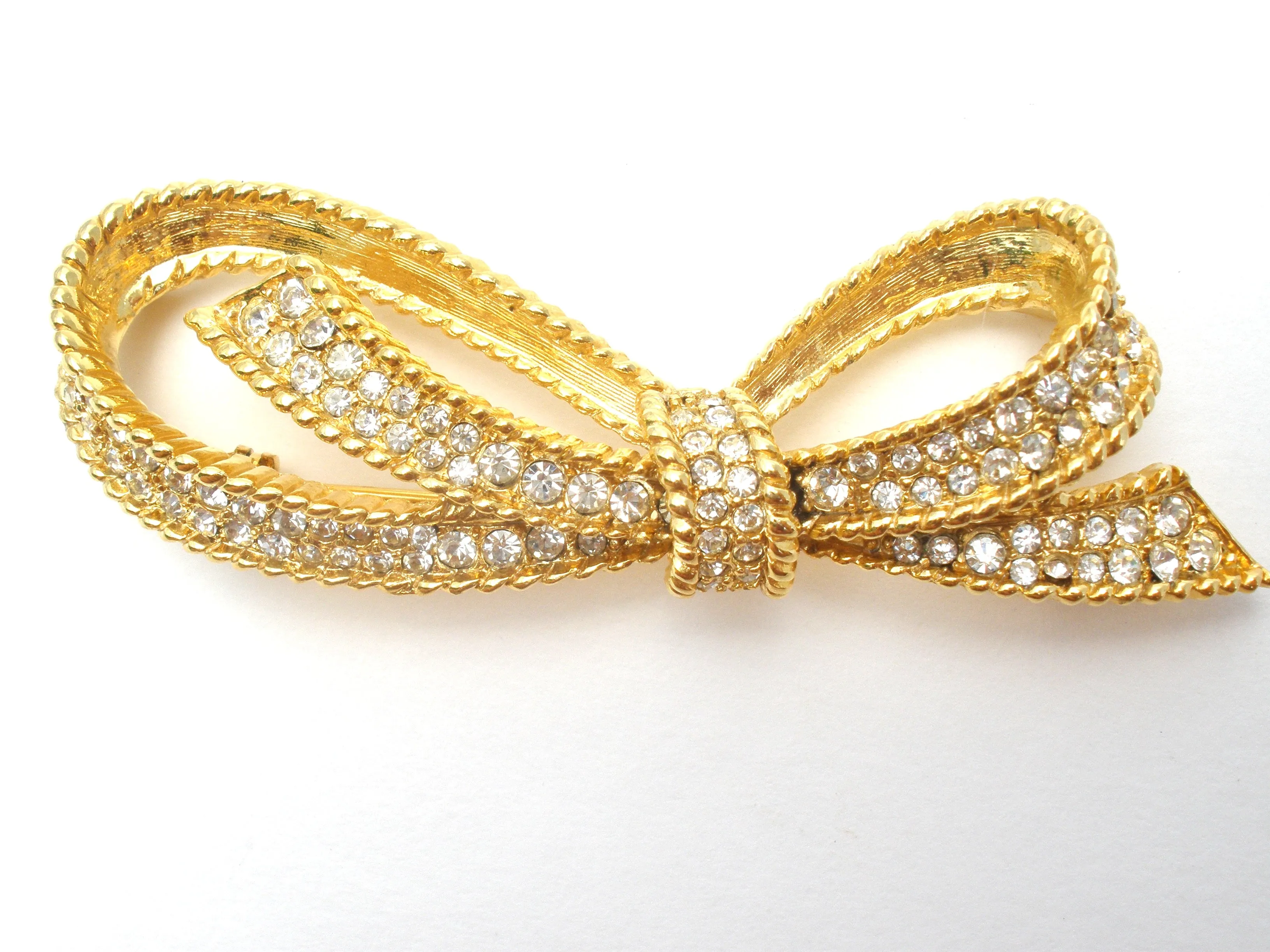 Bow Brooch Pin with Clear Crystals Vintage