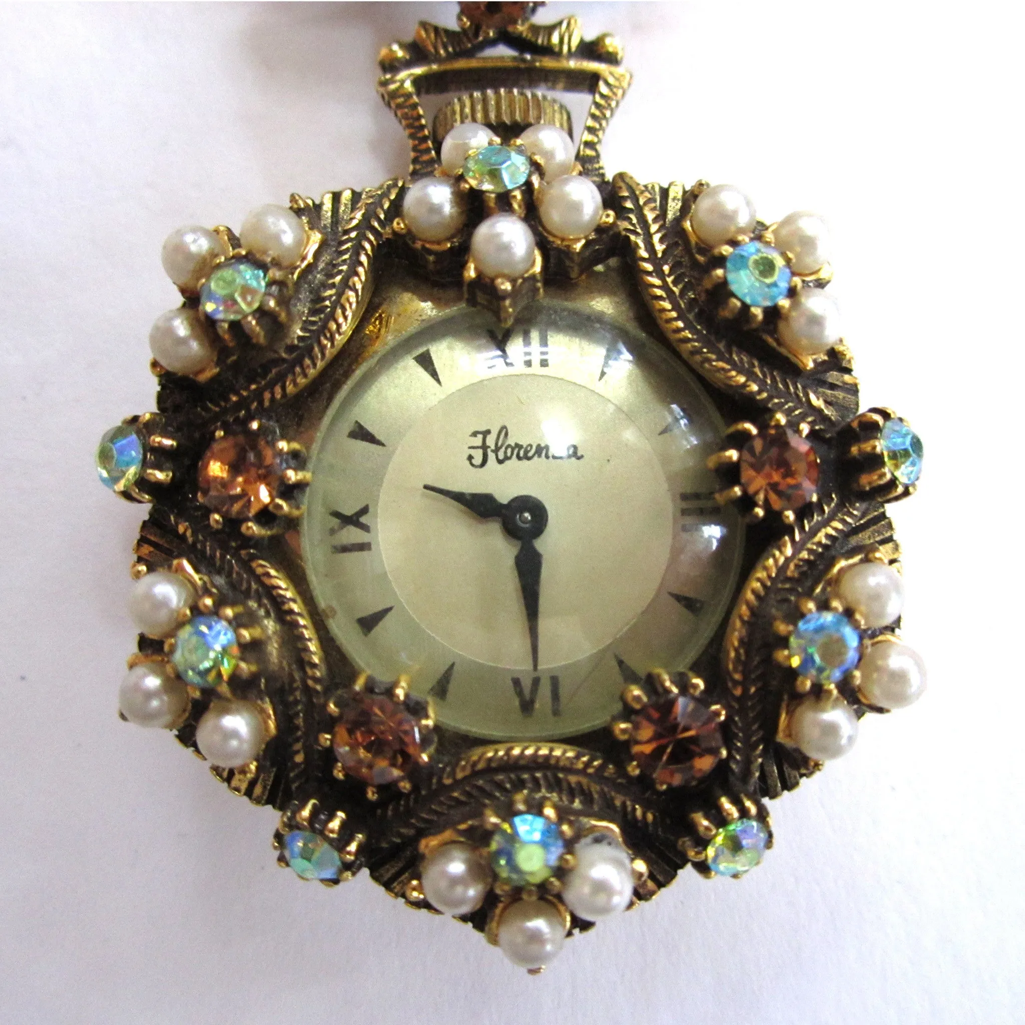 Brass Florenza Watch Pin/Brooch with Faux Pearls and Rhinestones