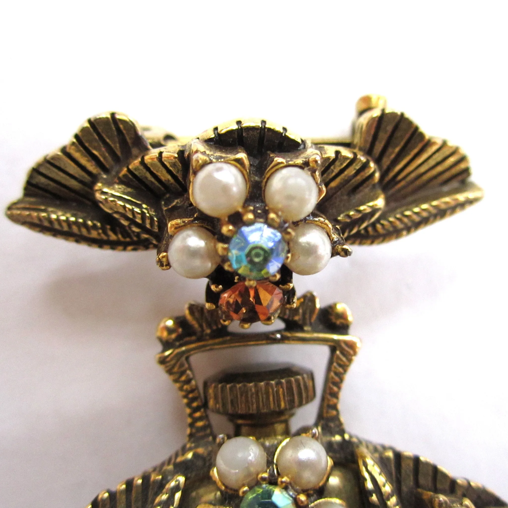 Brass Florenza Watch Pin/Brooch with Faux Pearls and Rhinestones