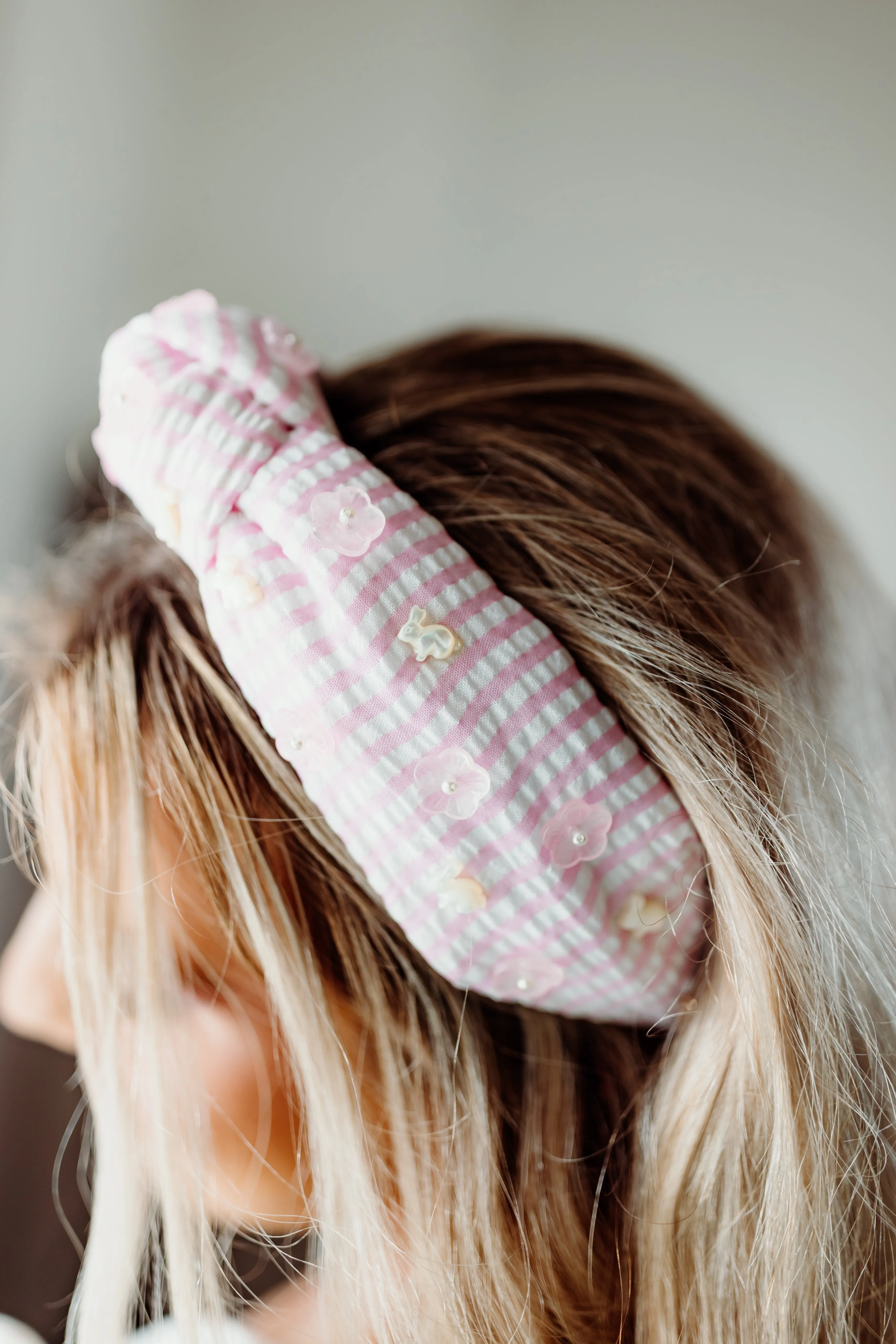 Brianna Cannon Pink Seersucker Headband with Bunnies & Flowers