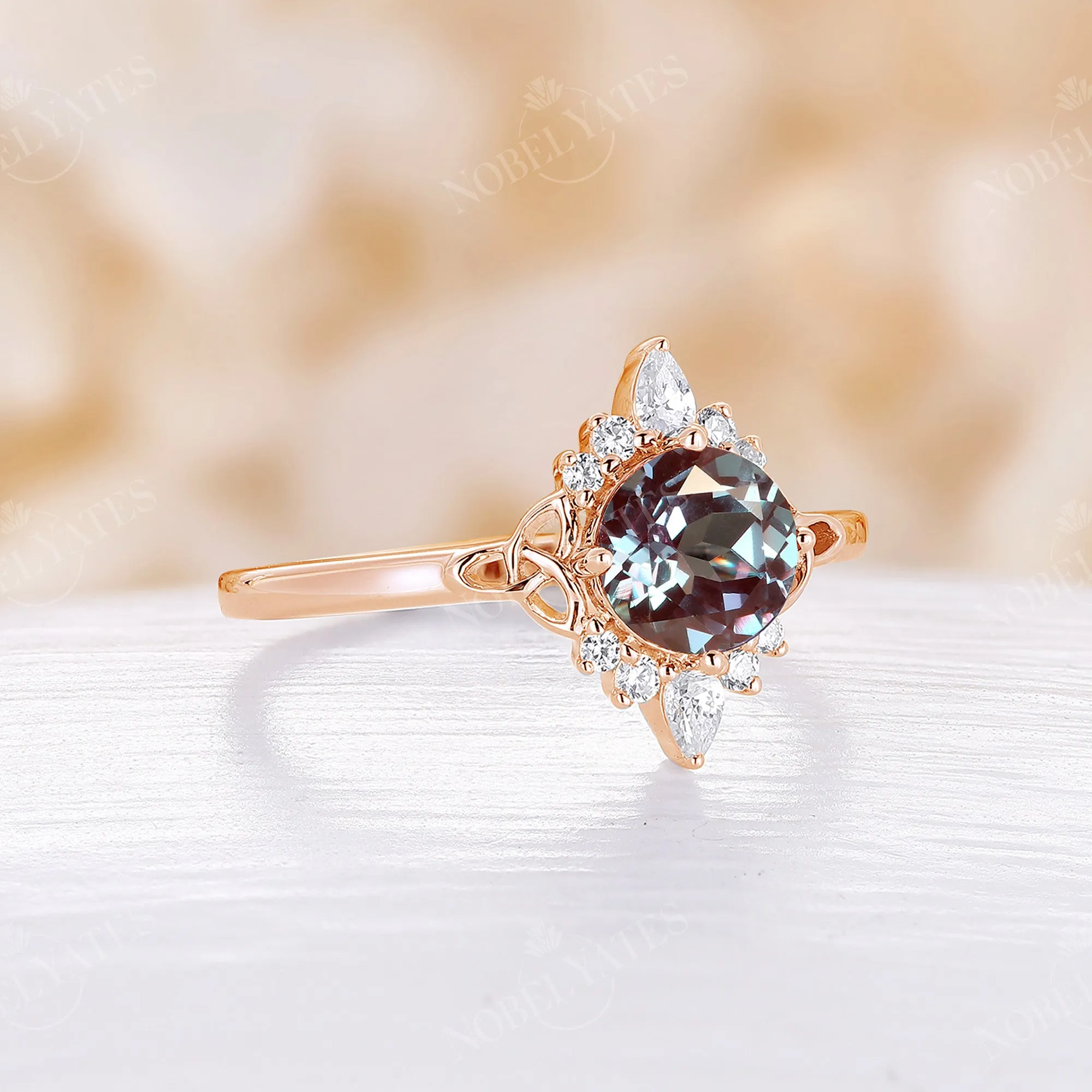 Celtic Round Lab Alexandrite Moissanite Engagement Ring