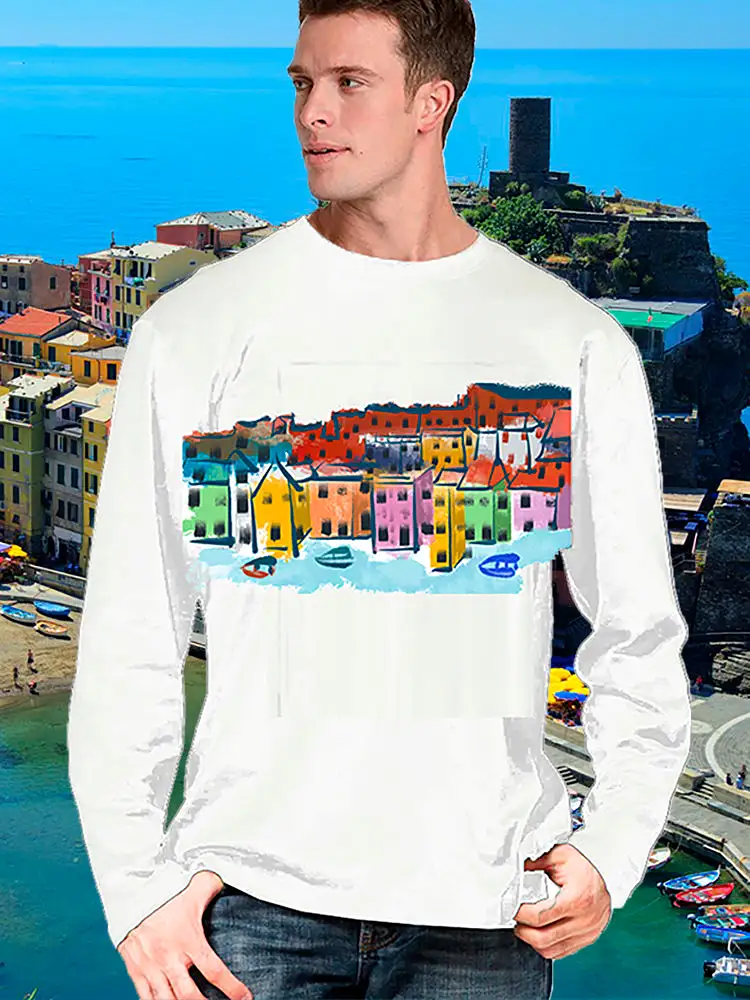 Cinque Terre-Italy Ashore Travel Shirts-  Series No. 233001 Artist Handpaint Long Sleeve Shirt EU Size 100% Cotton  High Quality