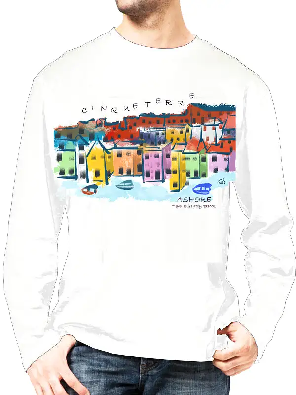 Cinque Terre-Italy Ashore Travel Shirts-  Series No. 233001 Artist Handpaint Long Sleeve Shirt EU Size 100% Cotton  High Quality