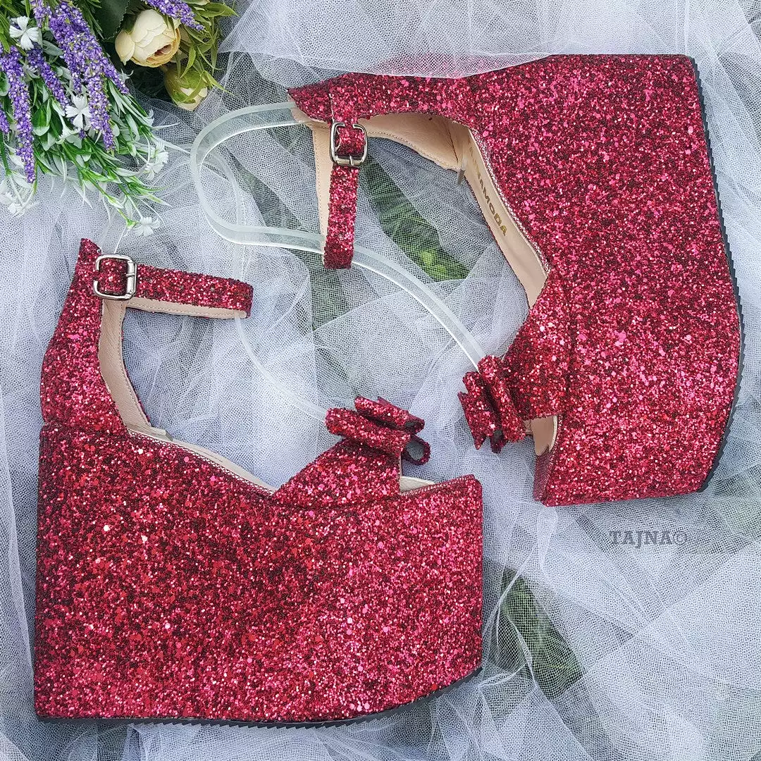 Claret Red Shiny Ribbon Wedge Sandals