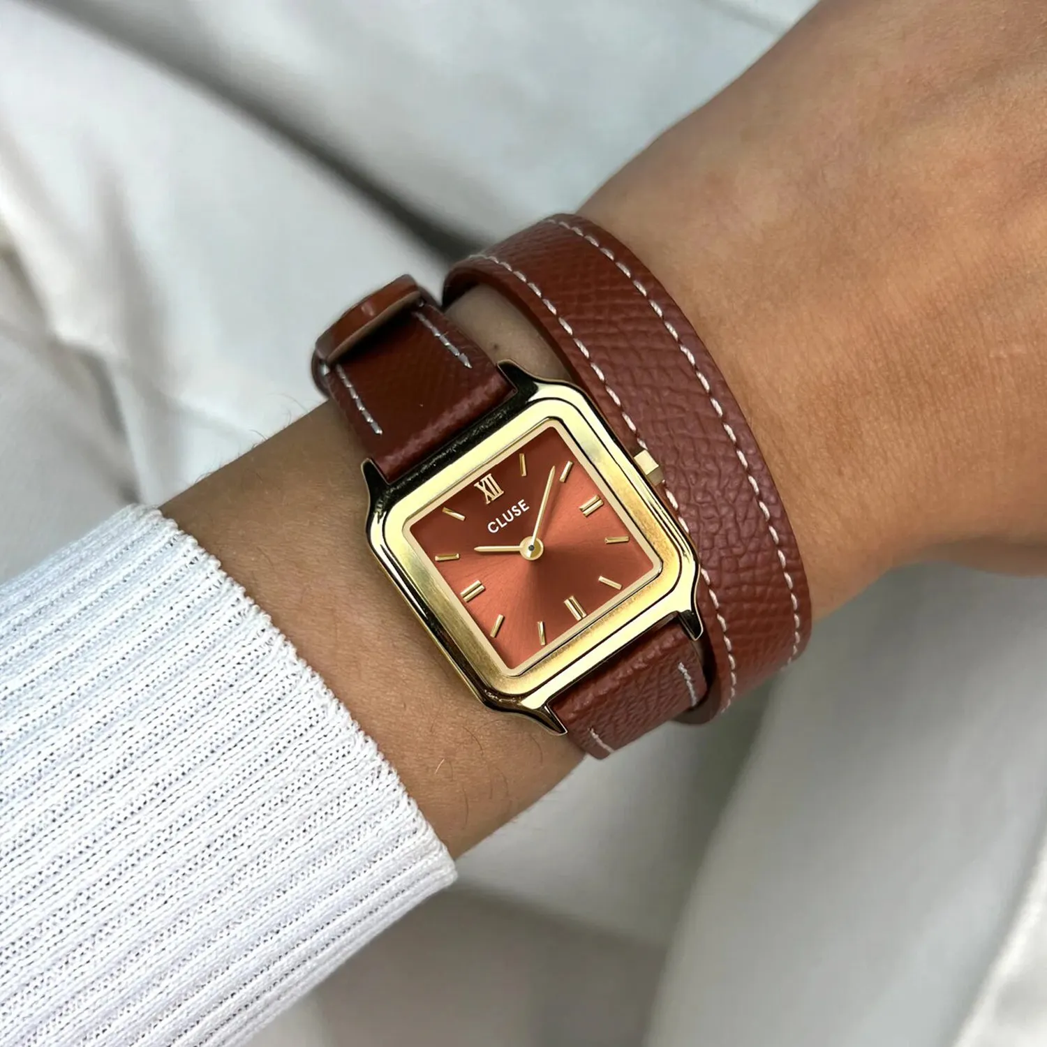 Cluse Gracieuse Petite Leather Double Strap Watch, Gold & Brown