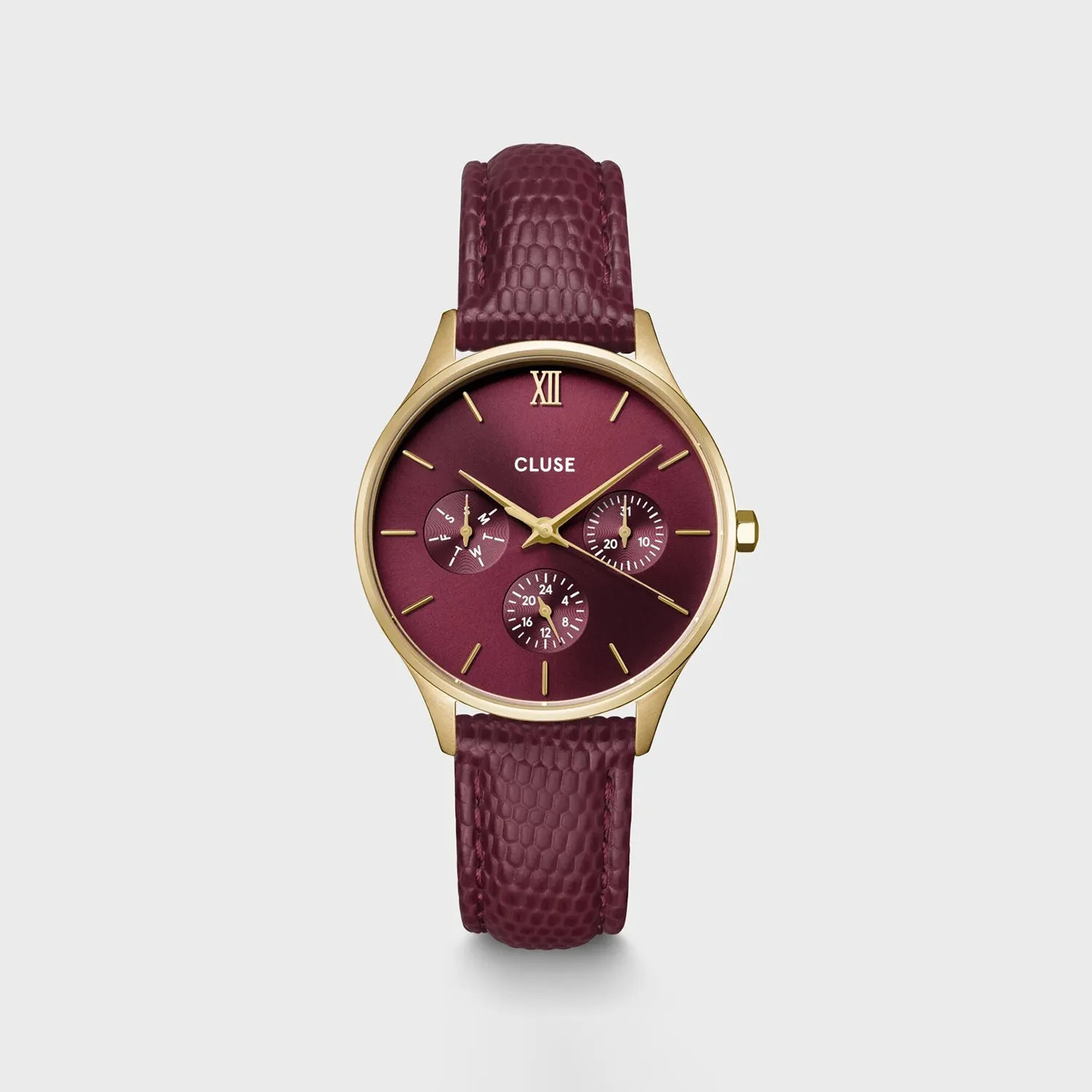 Cluse Minuit Multifunction Leather Strap Watch, Gold & Dark Cherry